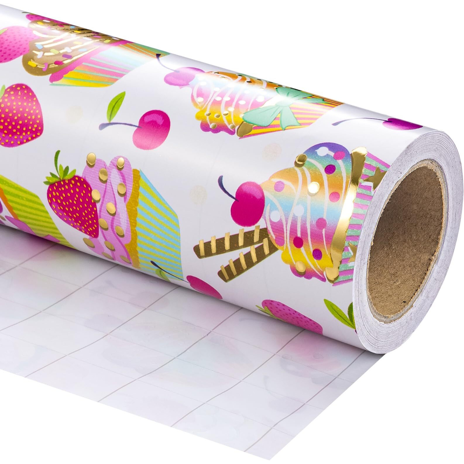 Wrapaholic Foil Wrapping Paper - Mini Roll - 17 Inch X 16.5 Feet - Gold Foil Birthday Cupcakes Design For Kids  Baby Showers  Weddings