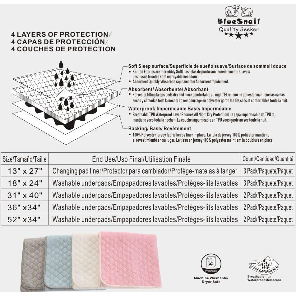 Bluesnail Washable Underpads Super Absorbent And Waterproof Bed Pds  Portable And Reusable Incontinence Pads For Toddler Adults Elderly And Pets (31"" X 40"" Pack Of 2)(White)