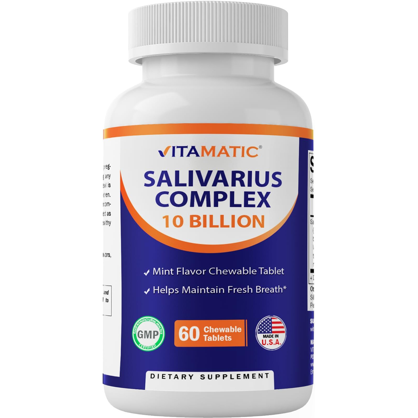 Vitamatic Salivarius Complex 10 Billion Chewable Mint Flavored Tablet - 60 Count - Oral Health Chewable Probiotics + Prebiotics - Supports Healthy Teeth  Gums  & Better Breath