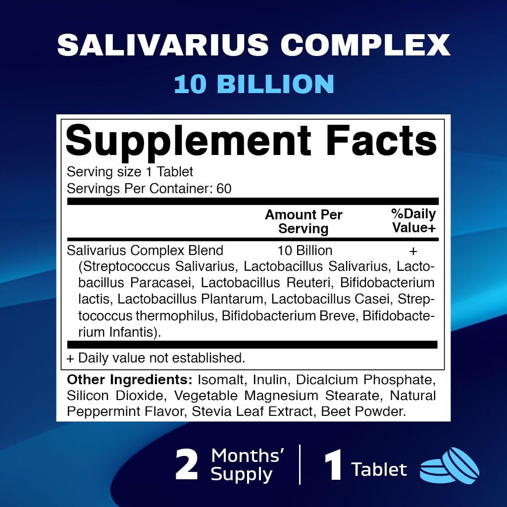 Vitamatic Salivarius Complex 10 Billion Chewable Mint Flavored Tablet - 60 Count - Oral Health Chewable Probiotics + Prebiotics - Supports Healthy Teeth  Gums  & Better Breath