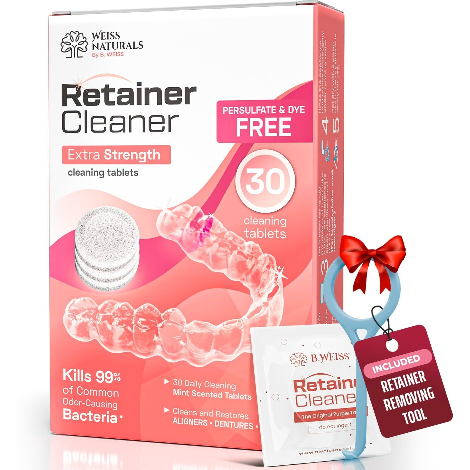 Weiss Naturals Retainer Cleaning Tablets  Invisalign Cleaner  Remove Stains  Odors & Plaque  Fsa & Hsa Eligible  Night Guard Cleaner Persulfate & Dye-Free 1-Month Supply  Denture Cleaners  30 Tablets