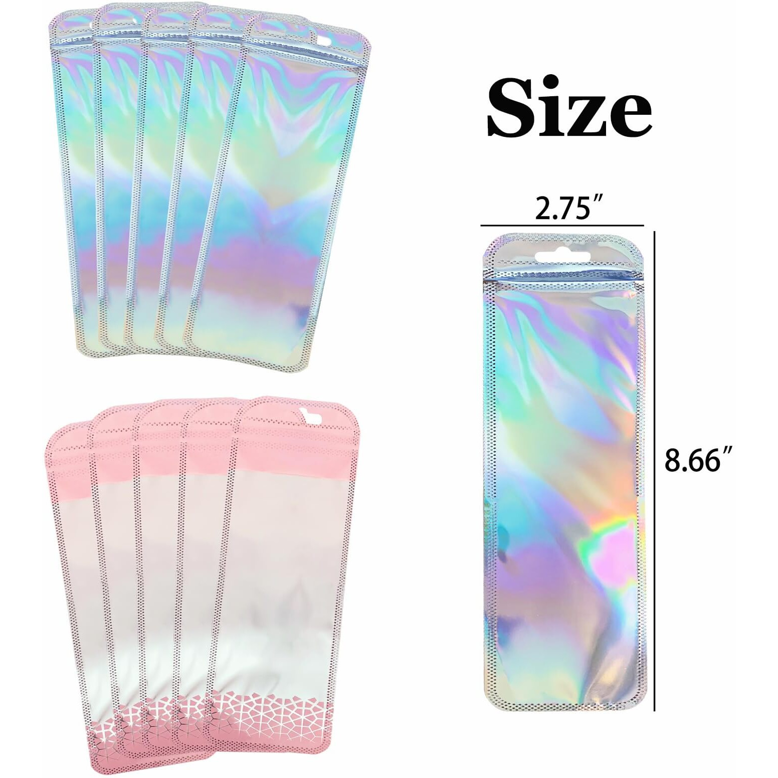 100 Pcs Beadable Pen Bags Pink Pen Packaging Bags Resealable Holographic Beaded Bags For Small Bussniss Ziplock Packaging Bag For Jewelry Pen2.75X8.66""