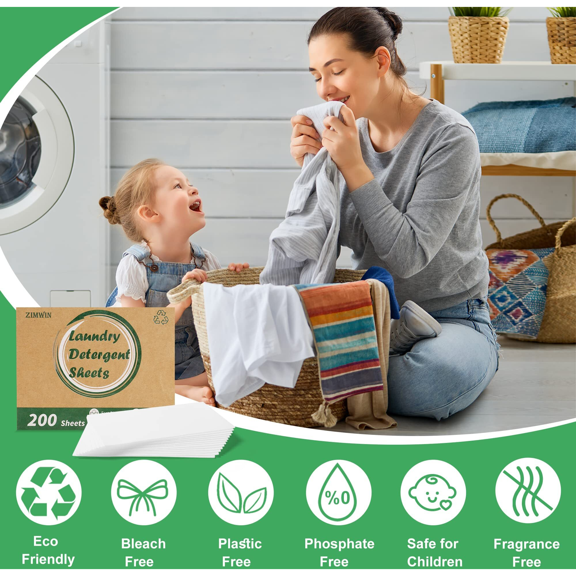 Zimwin Laundry Detergent Sheets  200 Count  Fragrance Free  Eco-Friendly  Plastic-Free  Hypoallergenic  Liquidless Washing Supplies For Dorm Travel Camping