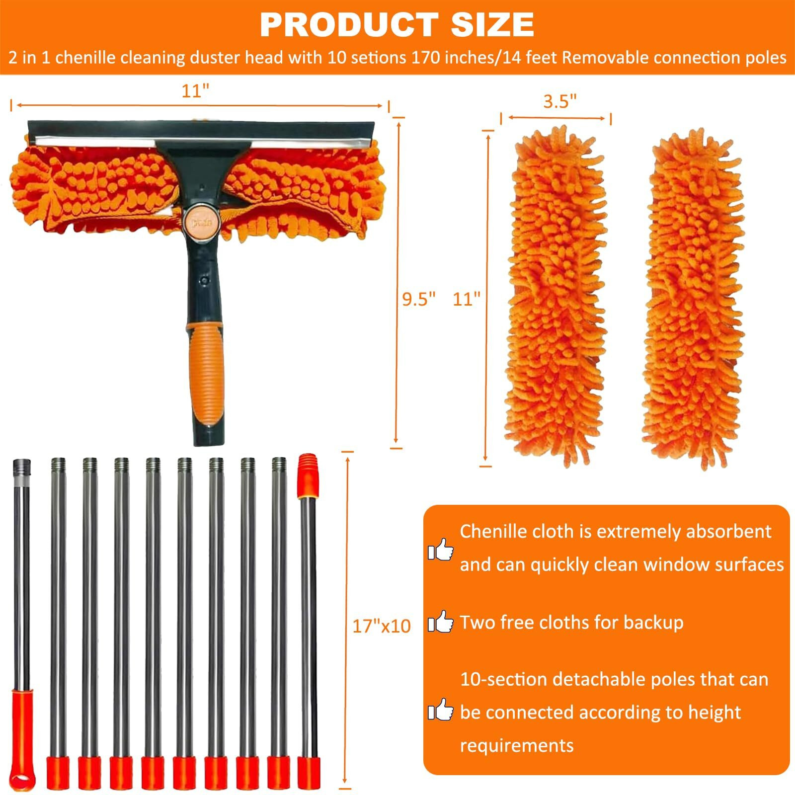 20+ Feet Reach 2 In 1 Window Washing Squeegee & Duster With 3-14 Ft Spliceable Extension Pole // Window Cleaning Tool & Window Washer Squeegee For Home Indoor Outdoor Window Washing