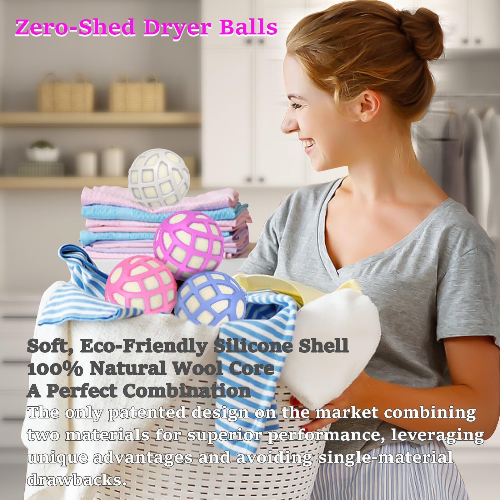 Dryer Balls - Patented Silicone Guard  Natural Wool Core  Super Anti-Tangle & Saves Drying Time  Reduces Static & Noise  Natural Fabric Softener  Xl 3"" (Pink Light Blue Lavender  Pack Of 6)