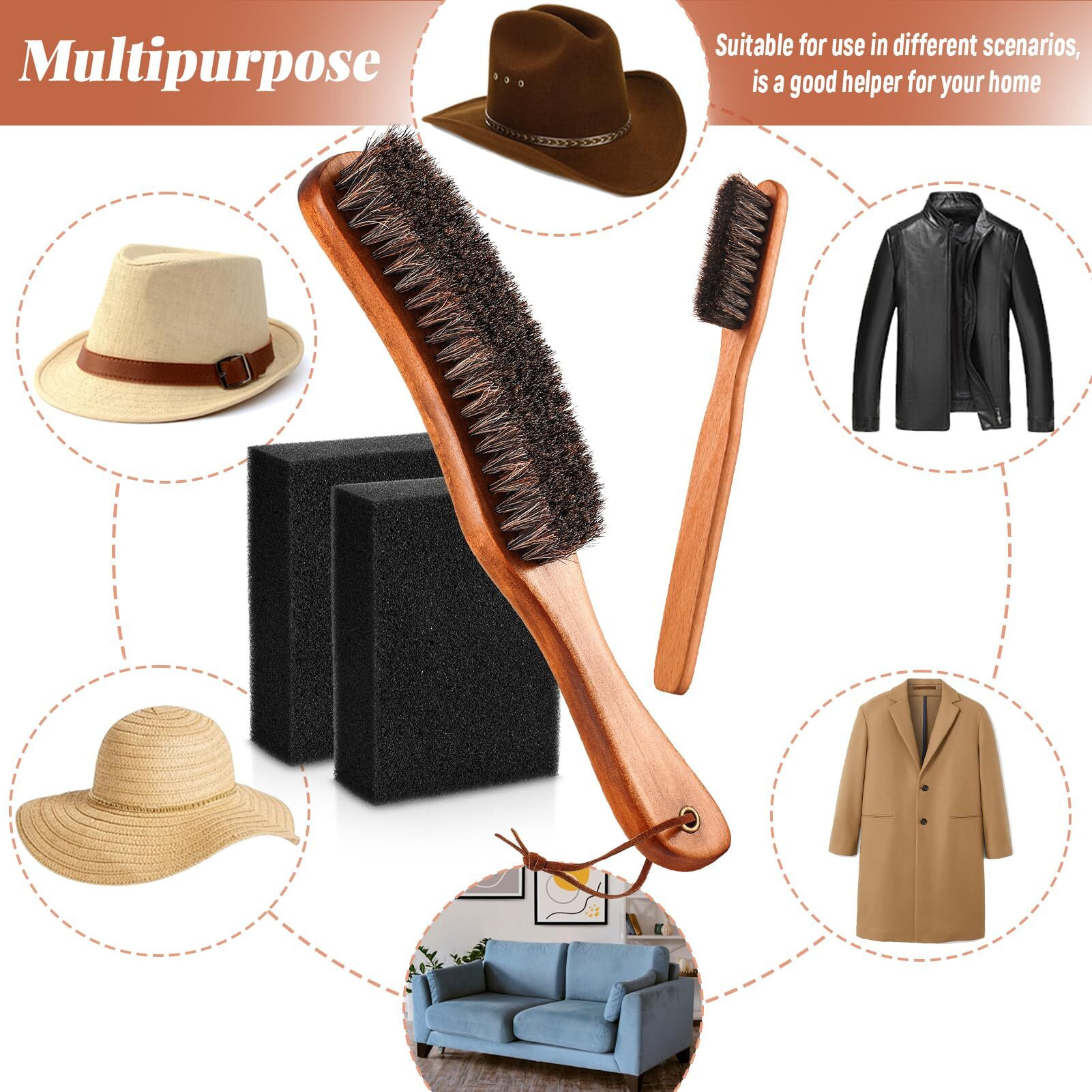 4 Pcs Horsehair Felt Hat Brush Kit With Cleaning Sponge Cowboy Clean Hat Wood Fedora Hat Cleaning Set Baseball Cap Lint Brush Remove Dust For Hair Furniture Suits Clothes(Style B)