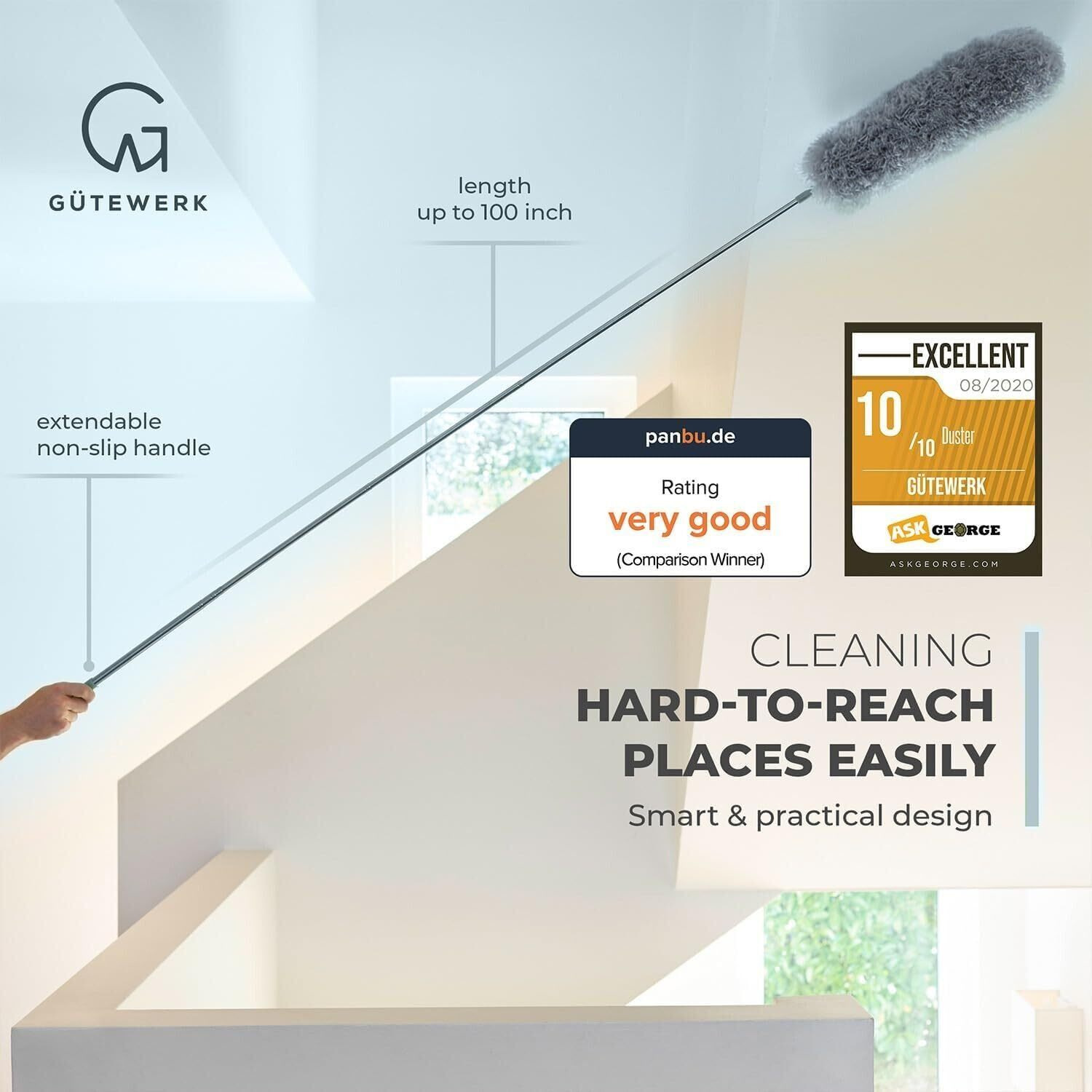 Extendable Feather Duster  Microfiber Duster  Ceiling Fan Duster  Feather Dusters For Cleaning  Dust Cleaner  Cobweb Duster - Electrostatic Bendable Head - Up To 100 Inch