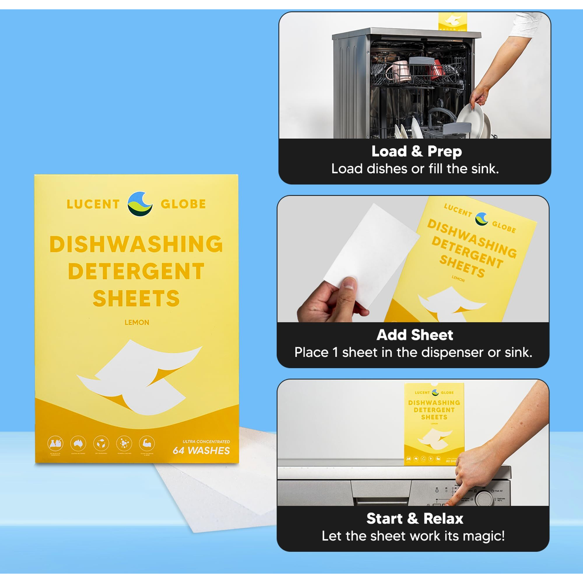 Lucent Globe Dishwasher Detergent Sheets - Powerful Clean For Dishes  Pots & Pans - Free From Harsh Chemicals - No Bulk Or Spills - Multi-Use For Dishwasher & Handwashing (Lemon Scent)
