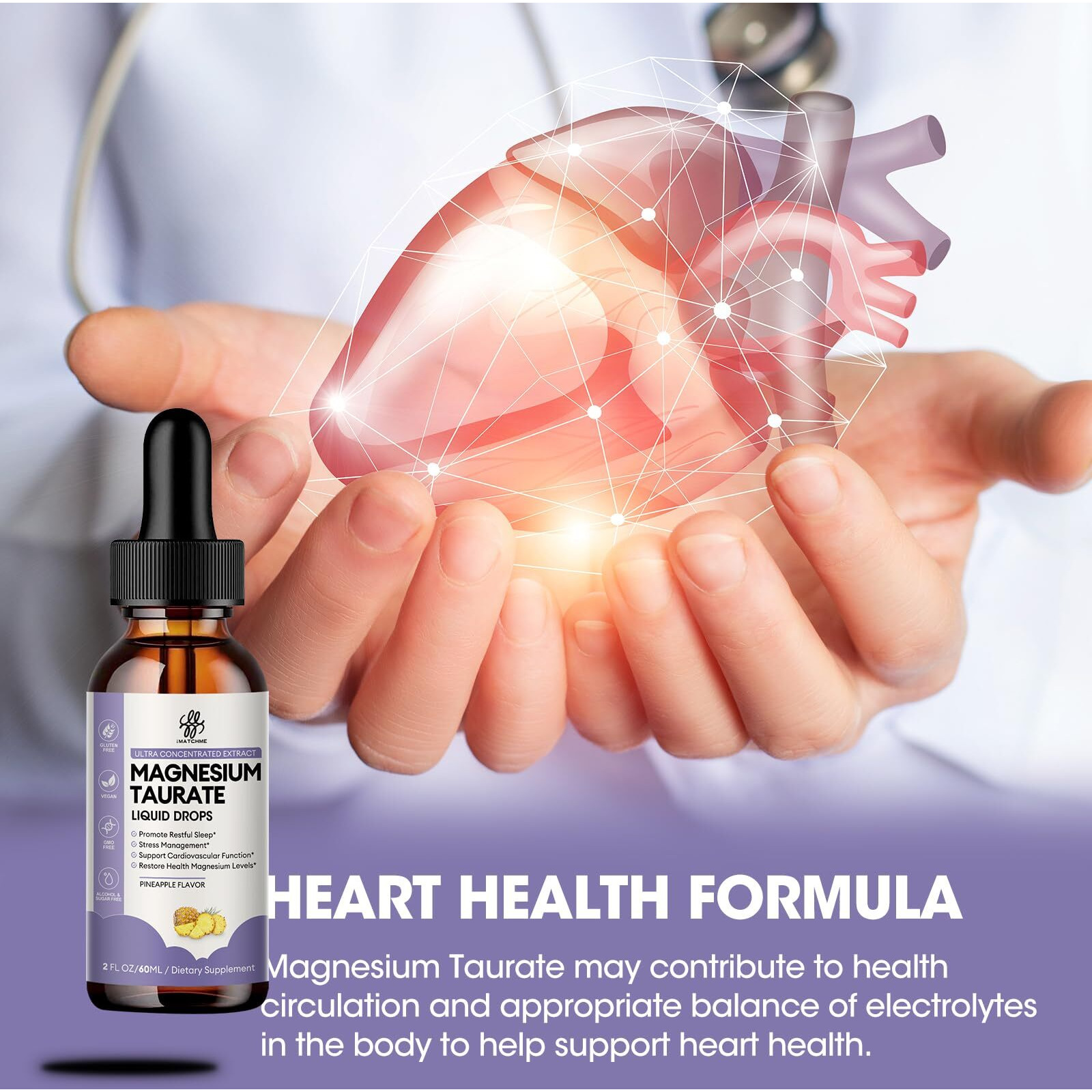 Magnesium Taurate Liquid Drop For Muscle Function  Nerve And Heart Health Support  High Absorption Magnesium Supplement With B6  Coq10  Vegan  Non-Gmo  Gluten/Sugar Free Pineapple Flavor  2 Fl Oz