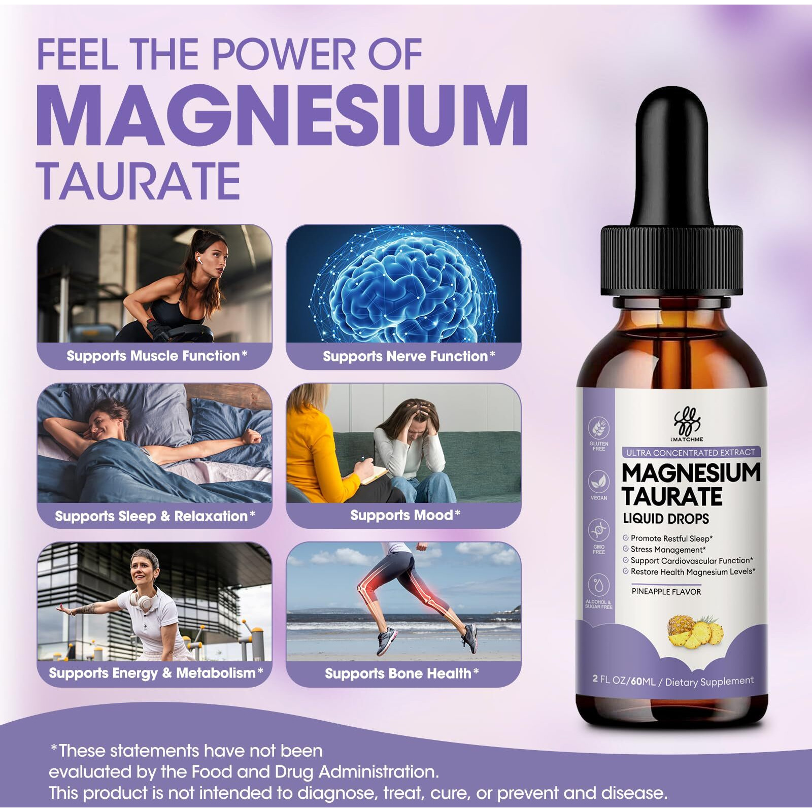 Magnesium Taurate Liquid Drop For Muscle Function  Nerve And Heart Health Support  High Absorption Magnesium Supplement With B6  Coq10  Vegan  Non-Gmo  Gluten/Sugar Free Pineapple Flavor  2 Fl Oz