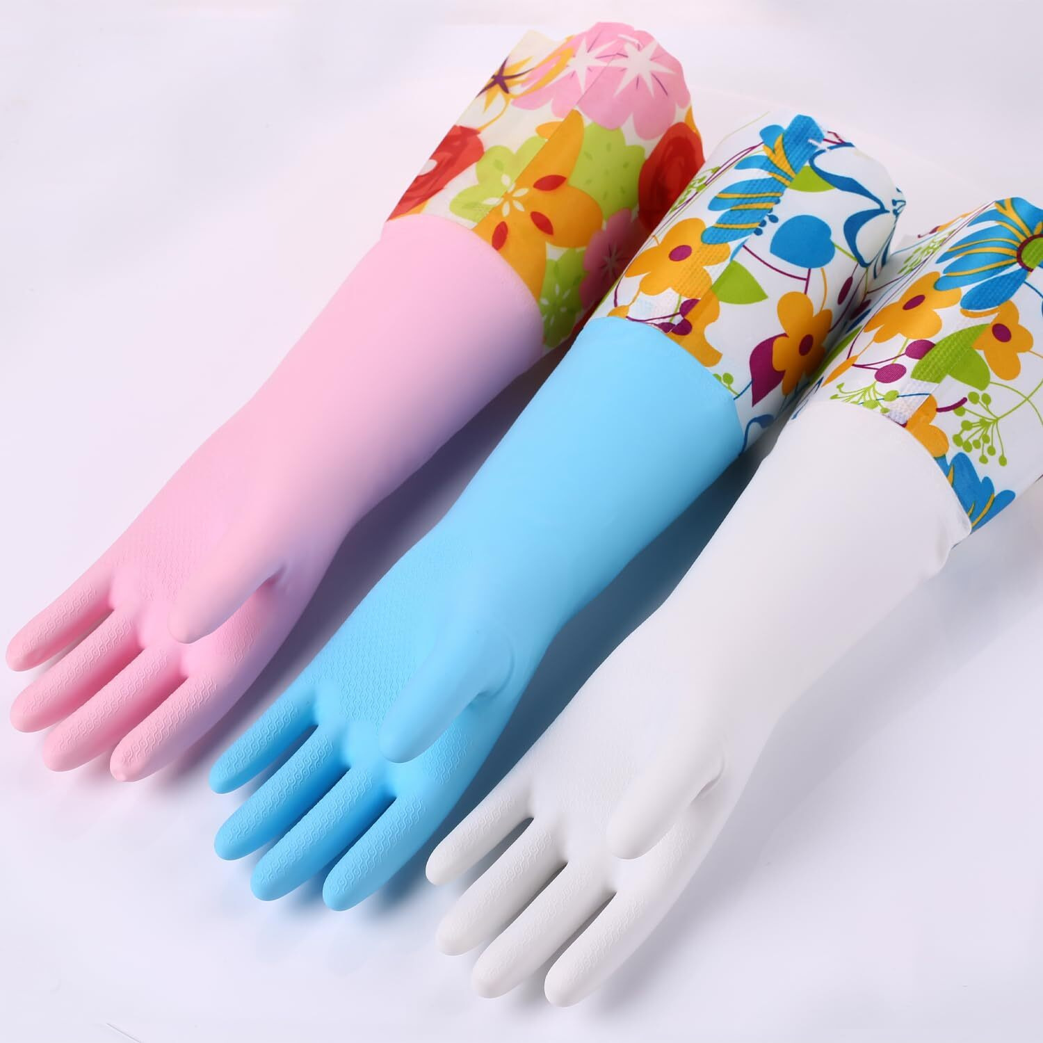 Bamllum 3 Pairs Rubber Cleaning Gloves  Household Kitchen Dishwashing Gloves With Cotton Flocked Liner  Long Cuff 16 Inches  Reusable  Non-Slip (Small  Blue+Pink+White)