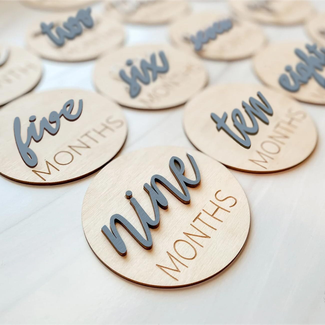 Baby Monthly Milestone Markers Disc  Wooden 3D Baby Milestone Cards For Baby Photos  Baby Announcement Sign Slate Blue  1-12 Months  4 Inches In Size.