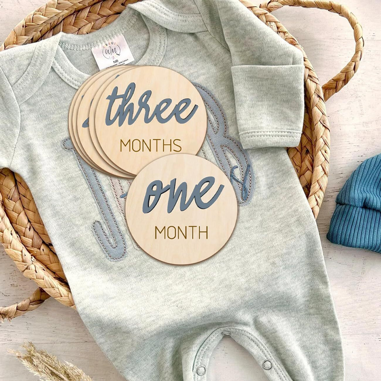 Baby Monthly Milestone Markers Disc  Wooden 3D Baby Milestone Cards For Baby Photos  Baby Announcement Sign Slate Blue  1-12 Months  4 Inches In Size.