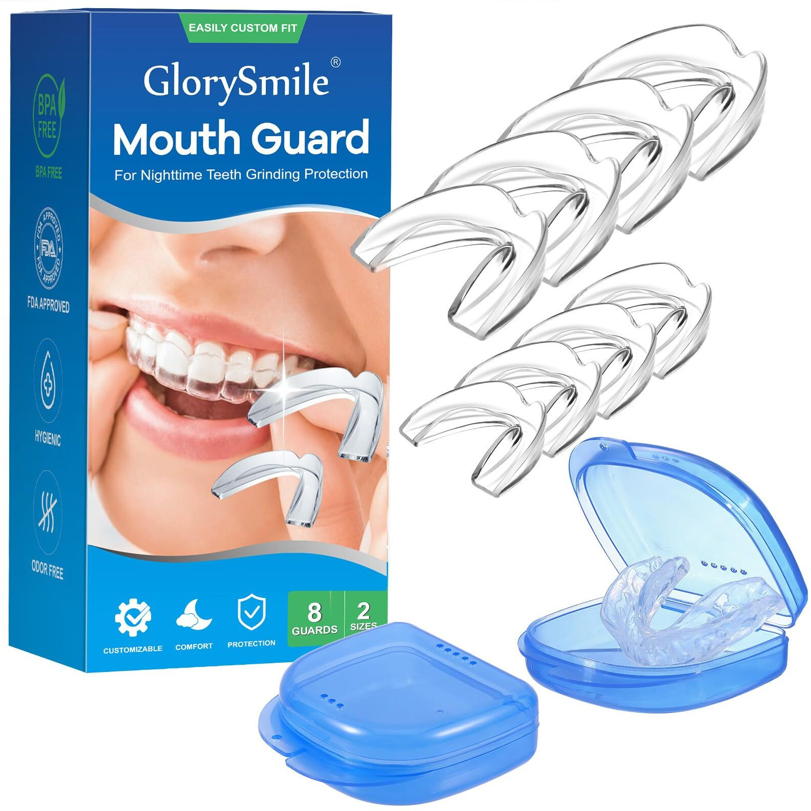 Glorysmile Mouth Guard For Clenching Teeth At Night  Upgraded Night Guards For Teeth Grinding  Pack Of 8 Moldable Mouth Guard Stops Bruxism And Teeth Clenching 2 Sizes With Two Travel Cases