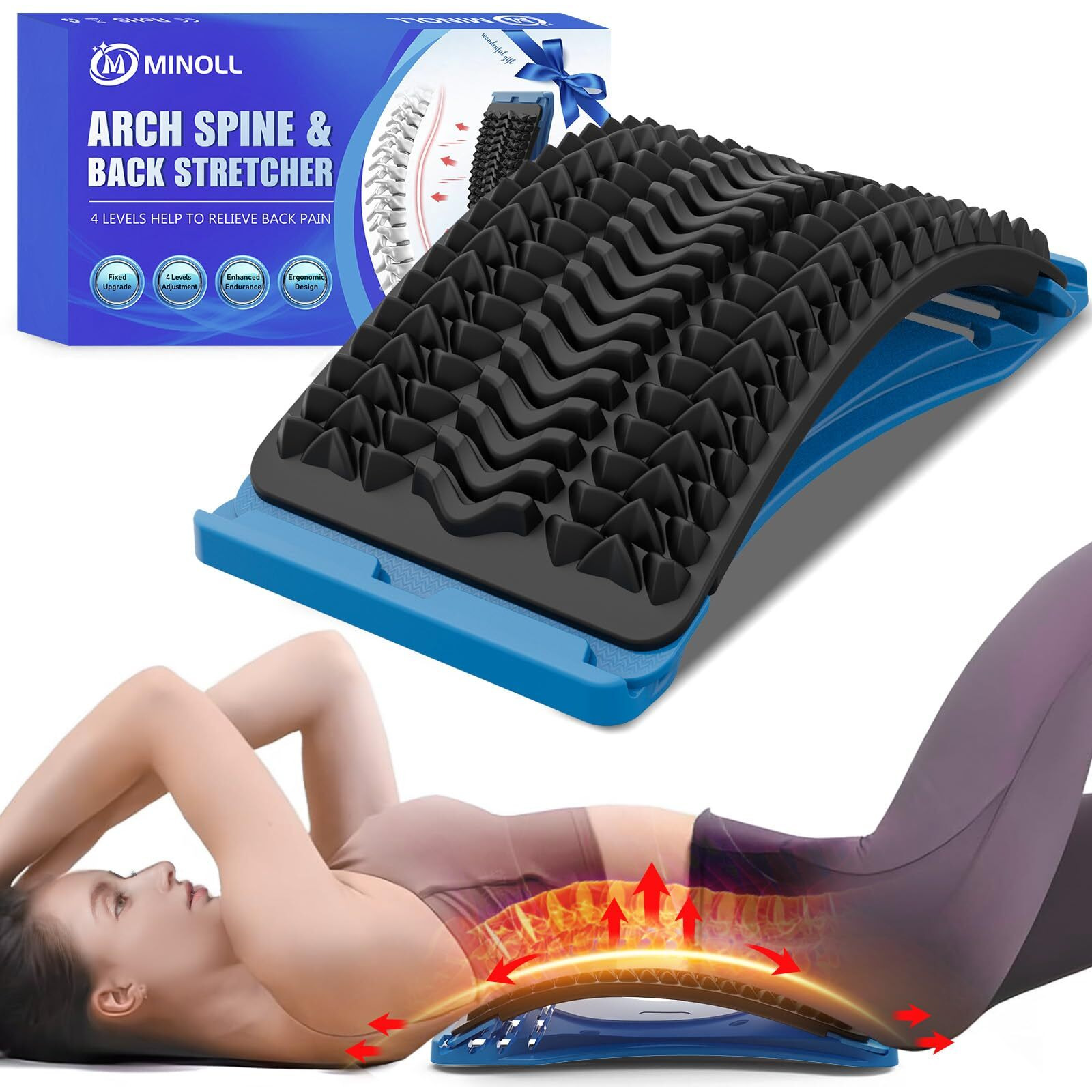 Minoll Back Stretcher For Lower Back Pain Relief  4 Level Adjustable Arch Lumbar Back Cracker Board  Back Cracking Device  Back Massager For Scoliosis  Spine Decompression Support - Blue