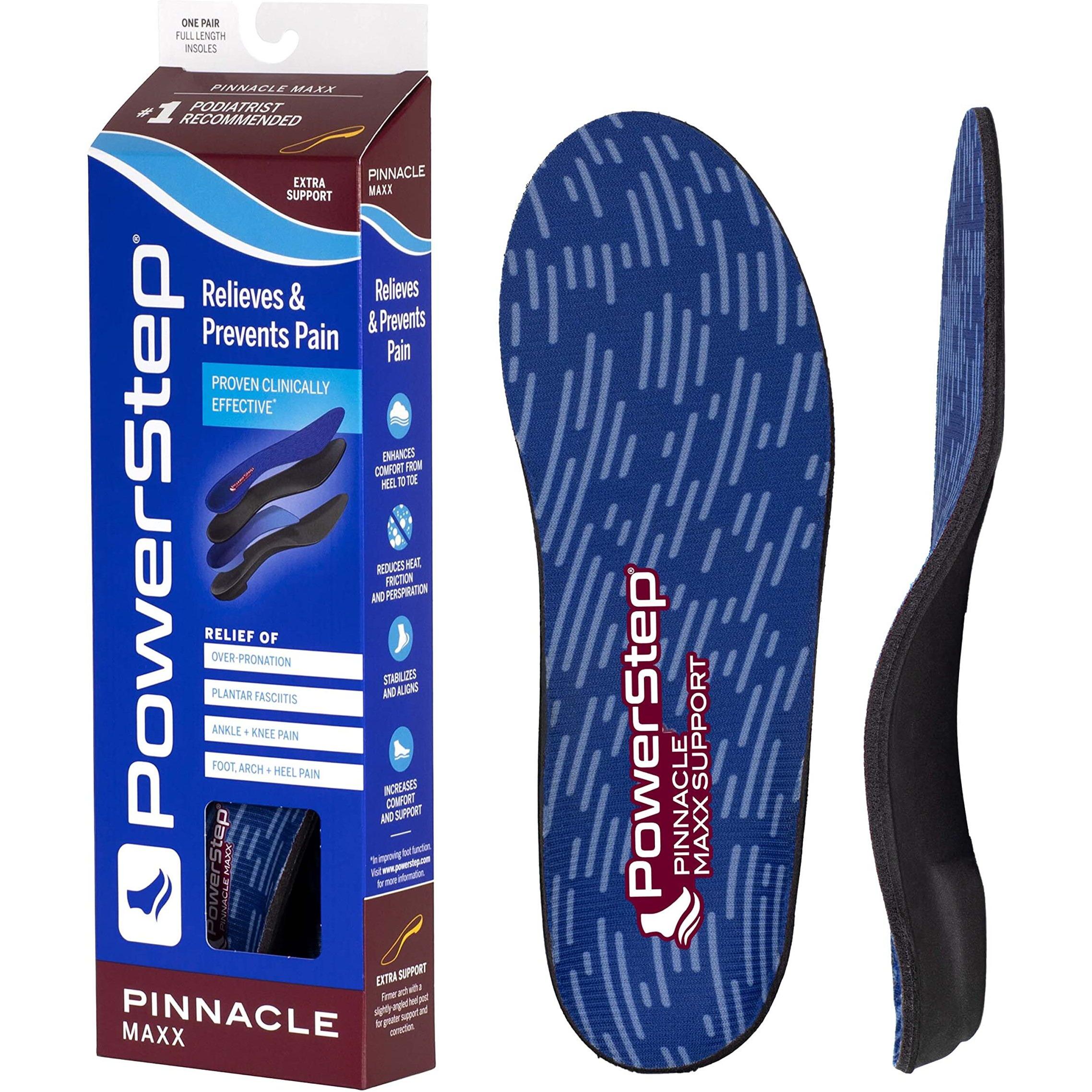 Powerstep Pinnacle Maxx Orthotic Insoles - For Maximum Stability & Comfort - Firm + Flexible Angled Heel Style To Help Flat Feet & Overpronation - Heavy Duty Inserts - Made In Usa (M 3-3.5 W 5-5.5)