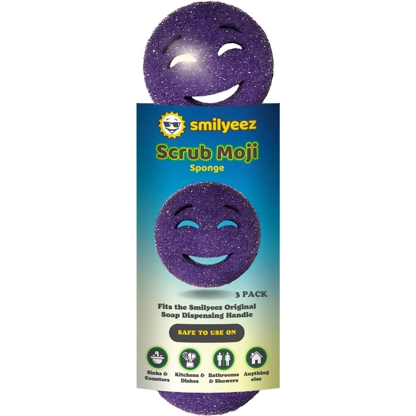 The Original Scrub Moji Scrubbing Sponge By Smilyeez (Set Of 3) - Purple - Temperature-Responsive Polymer Foam  Stain And Odor Resistant  Ideal For Kitchen And Bathroom Cleaning