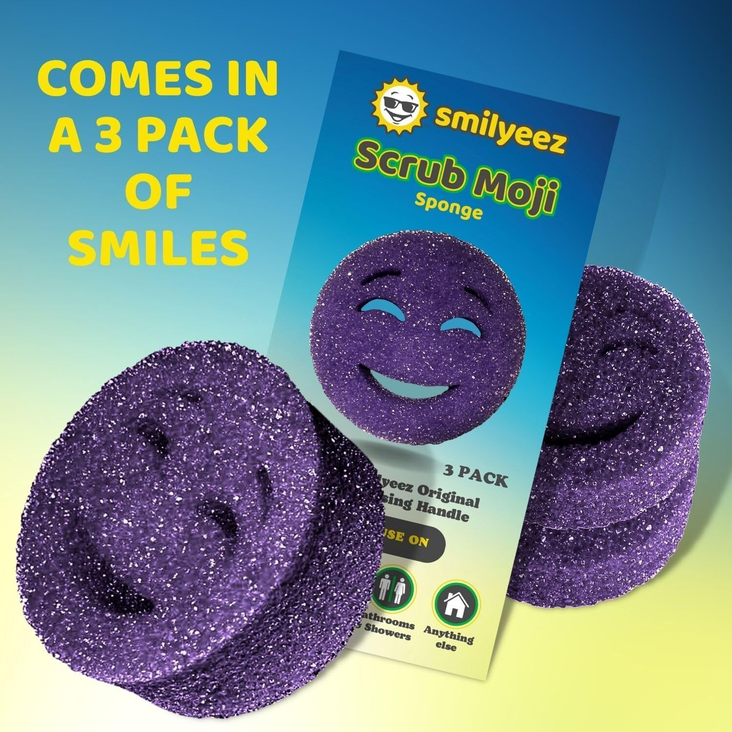 The Original Scrub Moji Scrubbing Sponge By Smilyeez (Set Of 3) - Purple - Temperature-Responsive Polymer Foam  Stain And Odor Resistant  Ideal For Kitchen And Bathroom Cleaning