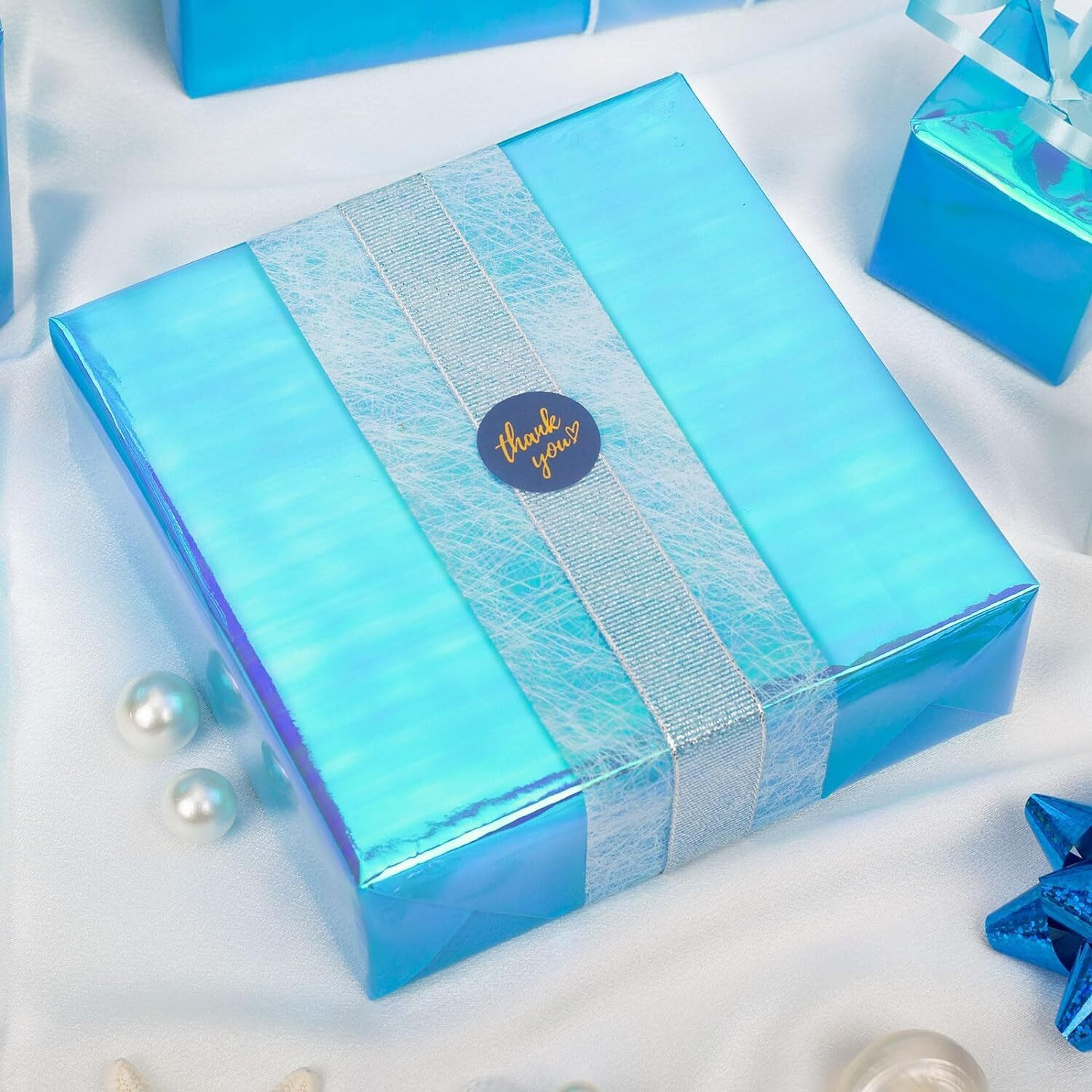 Maypluss Blue Iridescent Wrapping Paper Roll - 17Inch X 32.8Feet - Luxury Solid Color Metallic Holographic Baby Blue Boy Gift Wrap Present Paper For Christmas  Baby Shower  Birthday  Holiday