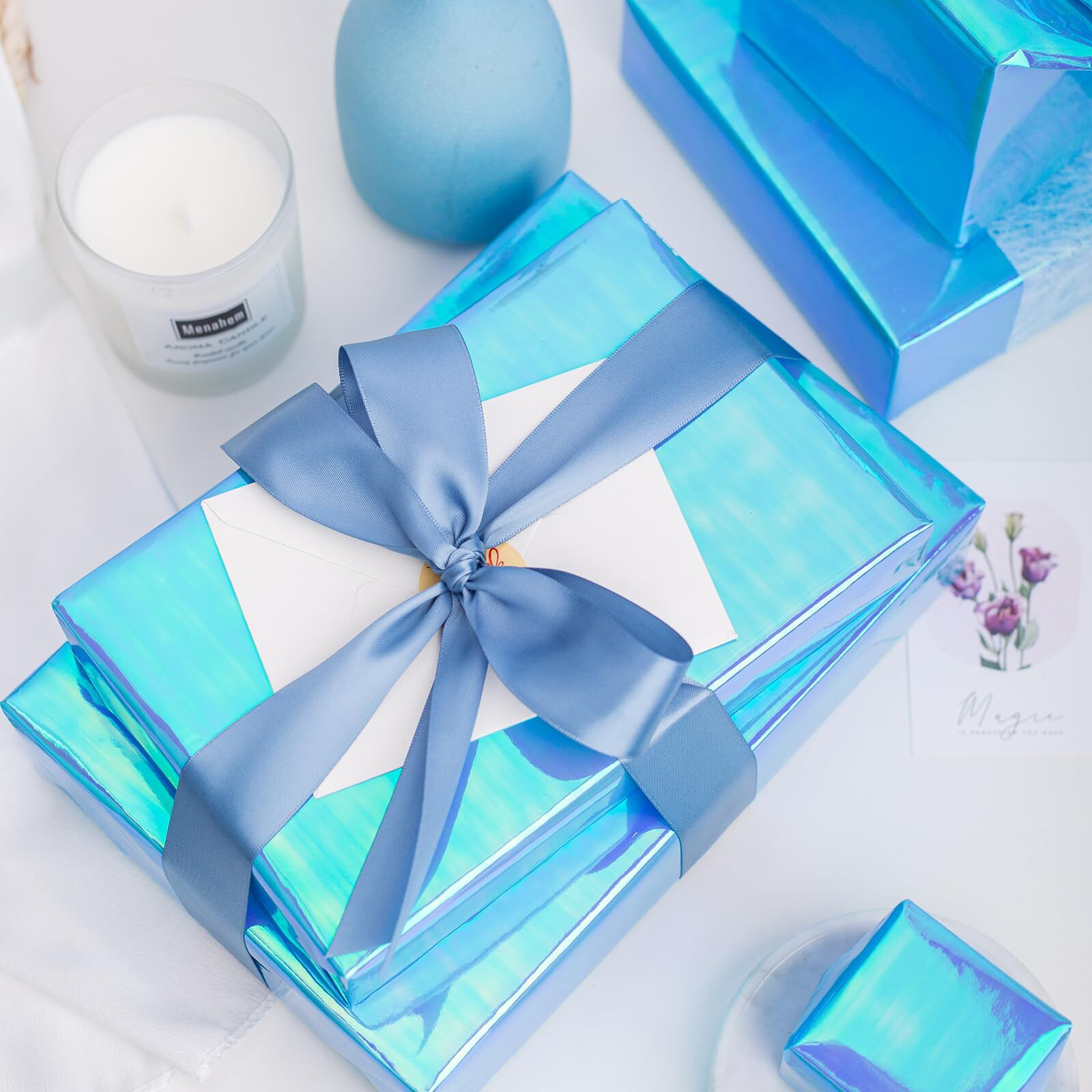 Maypluss Blue Iridescent Wrapping Paper Roll - 17Inch X 32.8Feet - Luxury Solid Color Metallic Holographic Baby Blue Boy Gift Wrap Present Paper For Christmas  Baby Shower  Birthday  Holiday