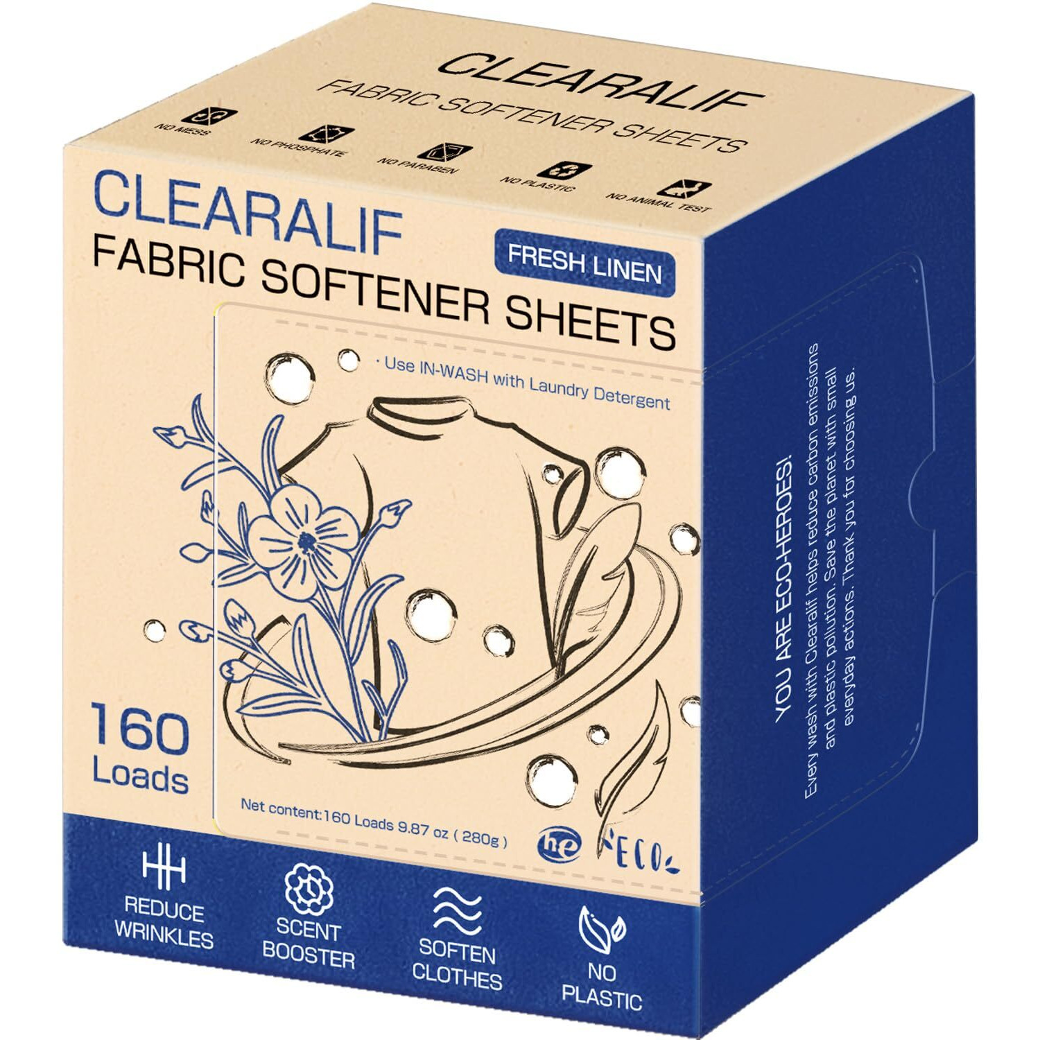 Clearalif Laundry Fabric Softener Sheets  Fresh Linen Scent  160 Loads  Eco Friendly  Great For Travel  Apartments  Dorms.