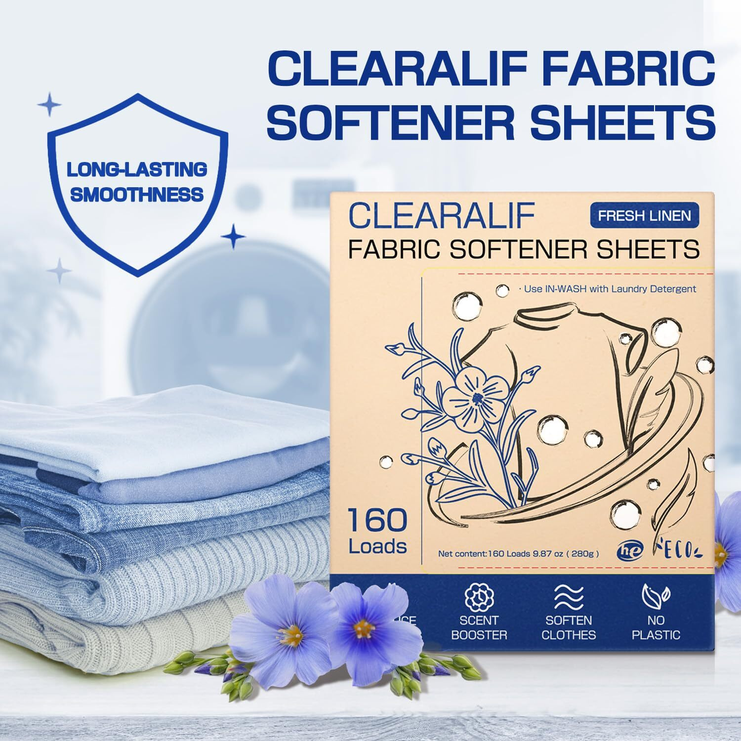Clearalif Laundry Fabric Softener Sheets  Fresh Linen Scent  160 Loads  Eco Friendly  Great For Travel  Apartments  Dorms.