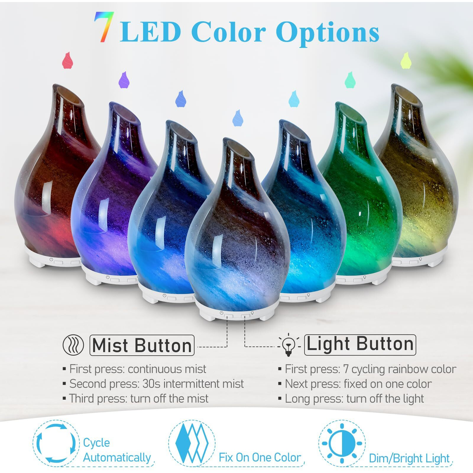 Essential Oil Diffuser 120Ml Glass Ultrasonic Aromatherapy Oil Diffuser-Aroma Humidifier Glass Diffuser 7 Color Changing Light Waterless Auto-Off-Ultra-Quiet For Sleeping Yoga Home Office And Spa