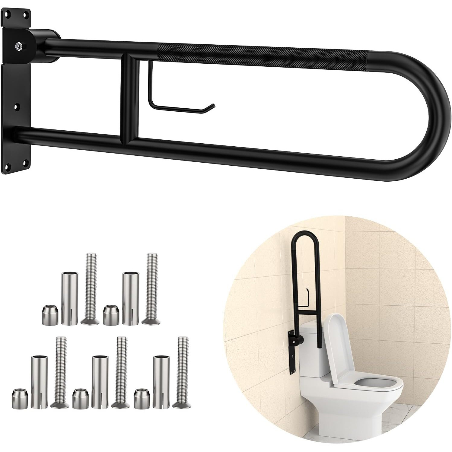 Toilet Grab Bar 30.3 Inch  Yuande Flip Up Grab Bar With Paper Holder Matte Black Anti-Slip Safety Bars For Toilet  Stainless Steel Knurled Toilet Handles For Seniors Disabled Elderly Pregnant