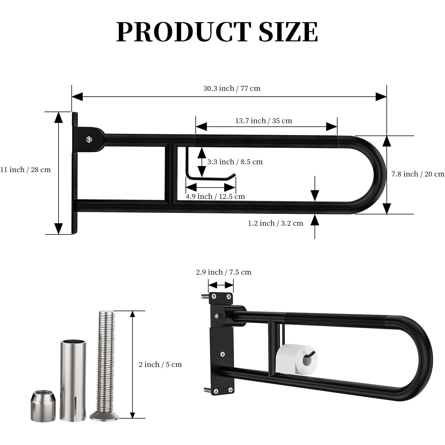 Toilet Grab Bar 30.3 Inch  Yuande Flip Up Grab Bar With Paper Holder Matte Black Anti-Slip Safety Bars For Toilet  Stainless Steel Knurled Toilet Handles For Seniors Disabled Elderly Pregnant