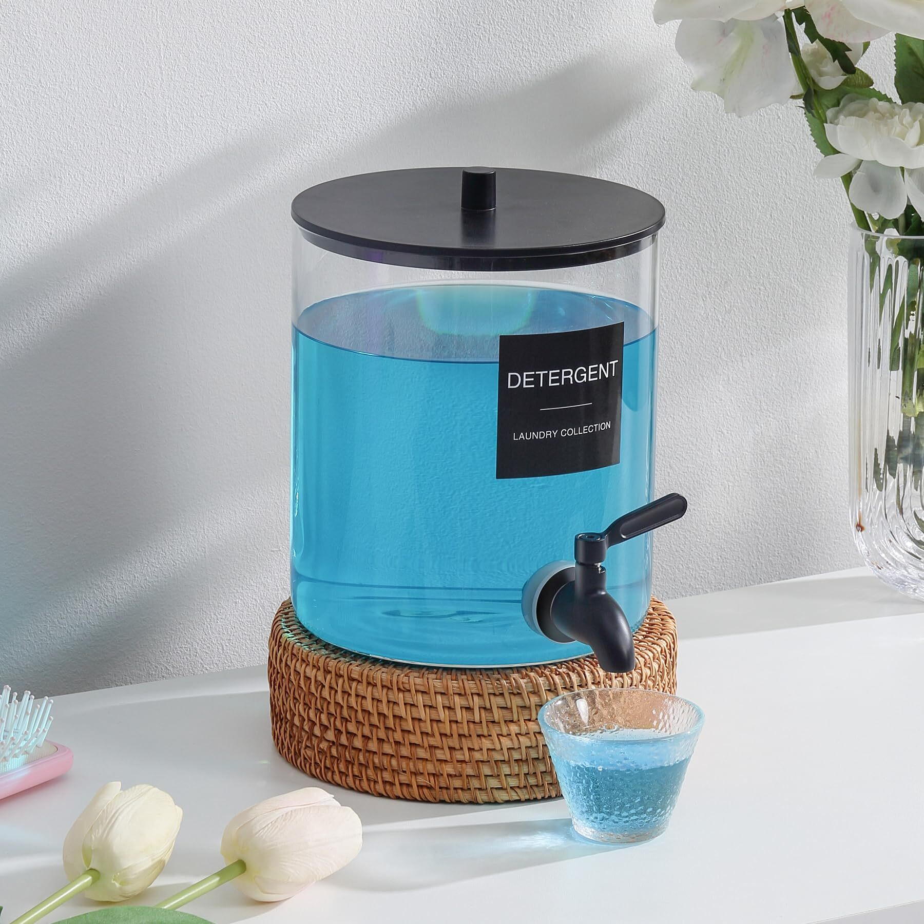 Glass Laundry Detergent Dispenser  128 Oz / 3.5L Fabric Softener Dispenser For Laundry Room Organization  Detergent Holder With 304 Spigot  Glass Soap Container (Black)