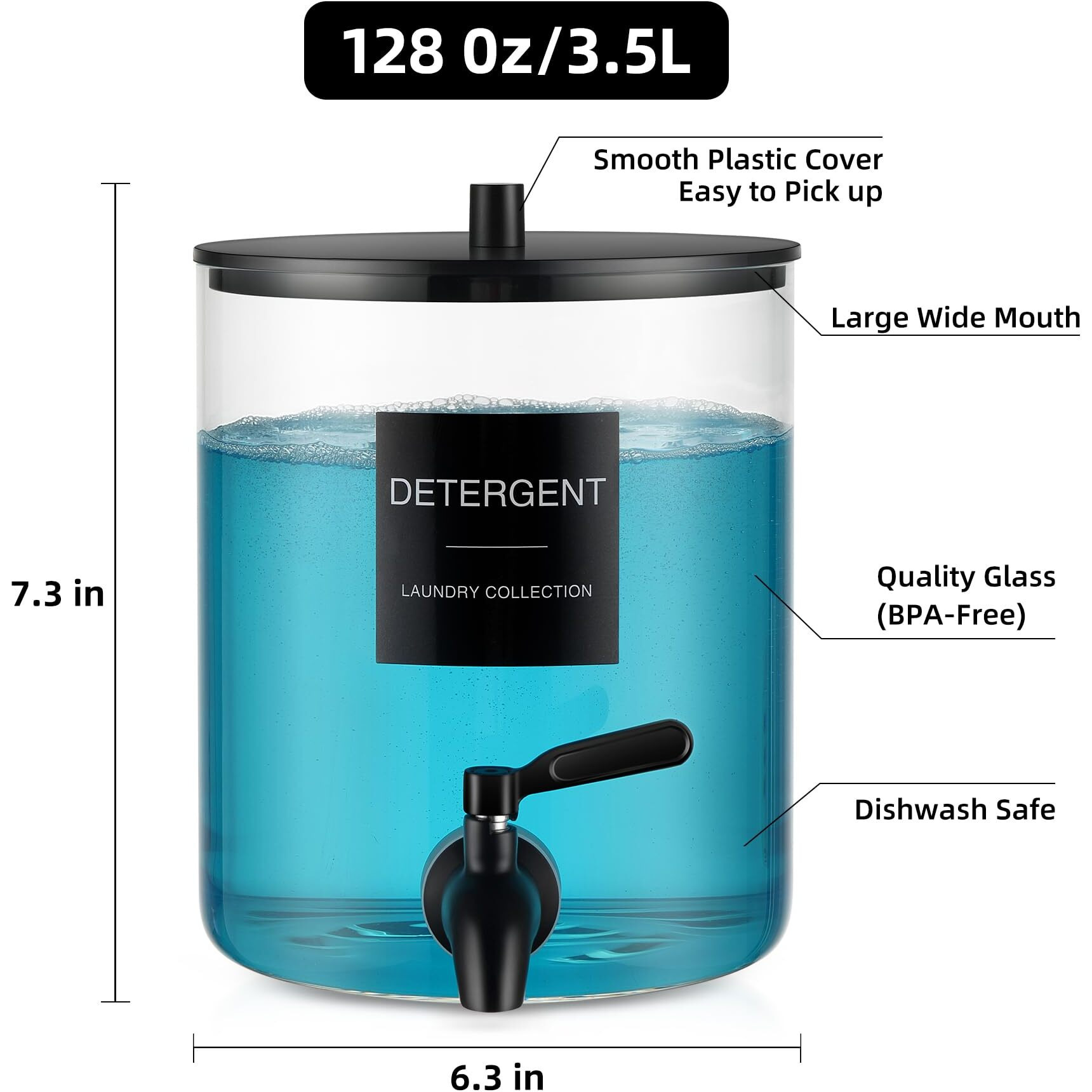 Glass Laundry Detergent Dispenser  128 Oz / 3.5L Fabric Softener Dispenser For Laundry Room Organization  Detergent Holder With 304 Spigot  Glass Soap Container (Black)