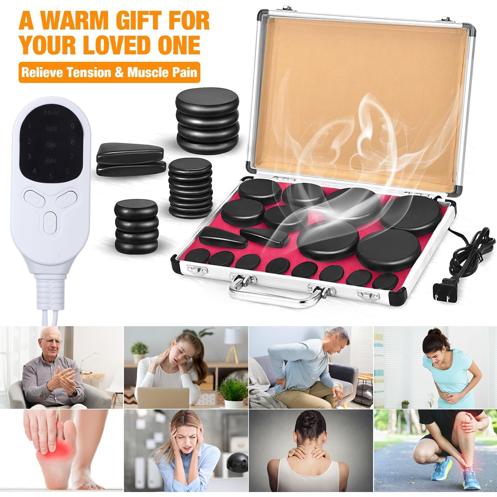 Hot Stones Massage Set 18 Pieces Basalt Hot Rocks Massage Rocks Kit Black Smooth Stones For Professional Home Spa Warming Relaxing Pain Relief(Adjustable Temperature)