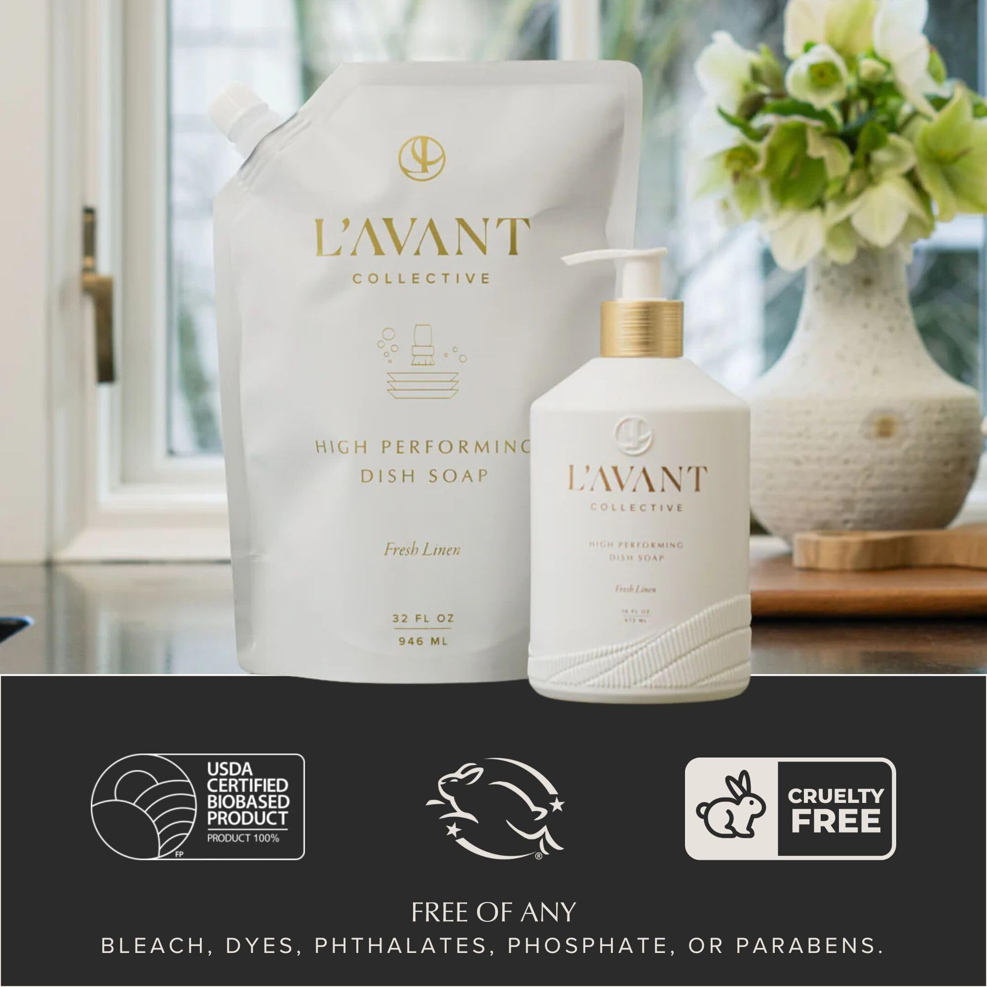 L'Avant Collective High Performing Dish Soap Refill | Plant-Based Ingredients & High Performing Formula | Fresh Linen Scent | 32 Fl Oz/946 Ml