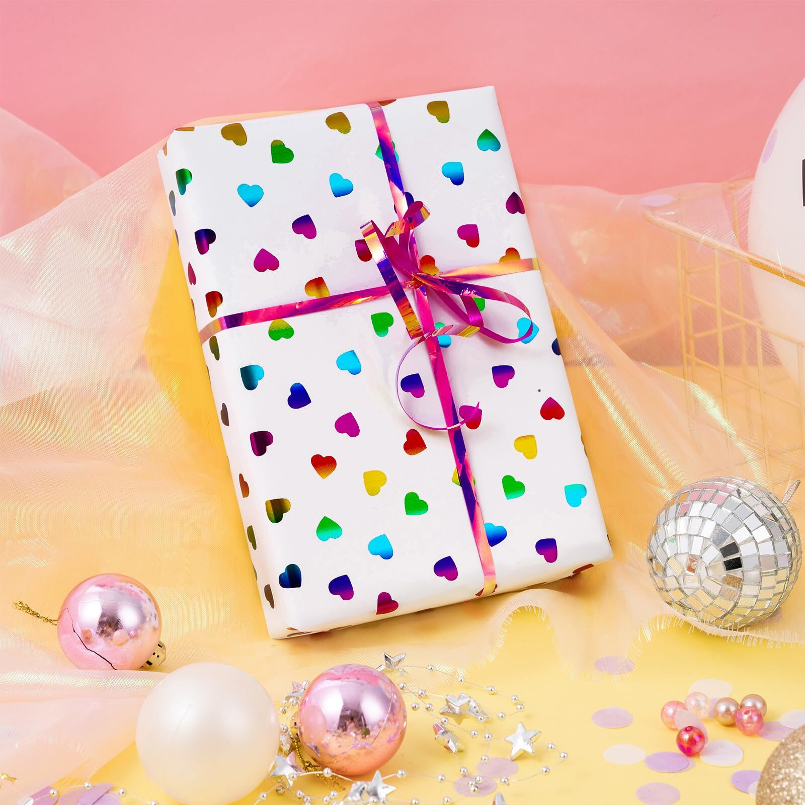 Lezakaa Mother's Day Wrapping Paper Roll  Hearts Printed Colorful Holographic Foil Design For Mom  For Birthday  Baby Shower  Valentine's  Wedding  Anniversary  Mini Roll  17 Inches X 16.4 Feet