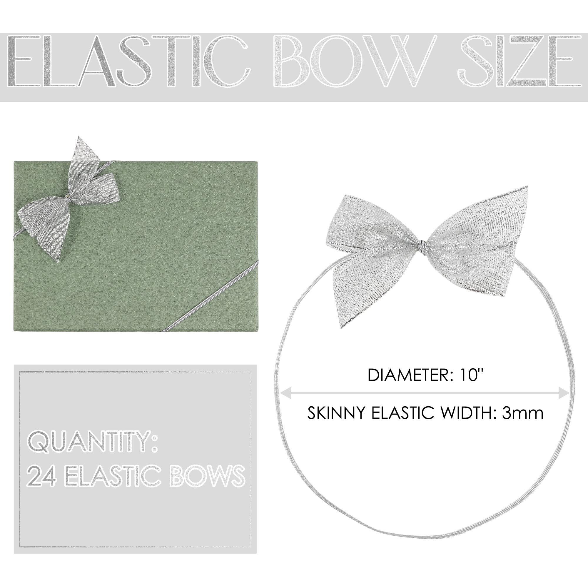 Aimudi Silver Stretch Loops With Pre Tied Metallic Silver Bows 10"" Elastic Gift Bows Stretch Bows For Gift Wrapping Stretch Cord With Bow Elastic Ribbon For Gift Boxes Party Favors (24 Pack)