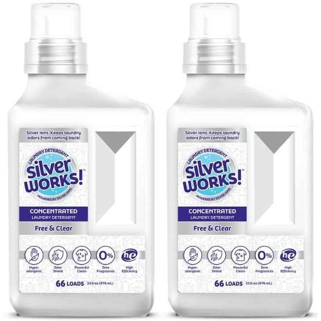 Silverworks Powerful Odor Eliminating Laundry Detergent Liquid  Silver Ion Technology  Laundry Odor Eliminator For Clothes  Cleans  Deodorizes & Protects  33 Fl Oz  66 Loads  Free & Clear  Pack Of 2