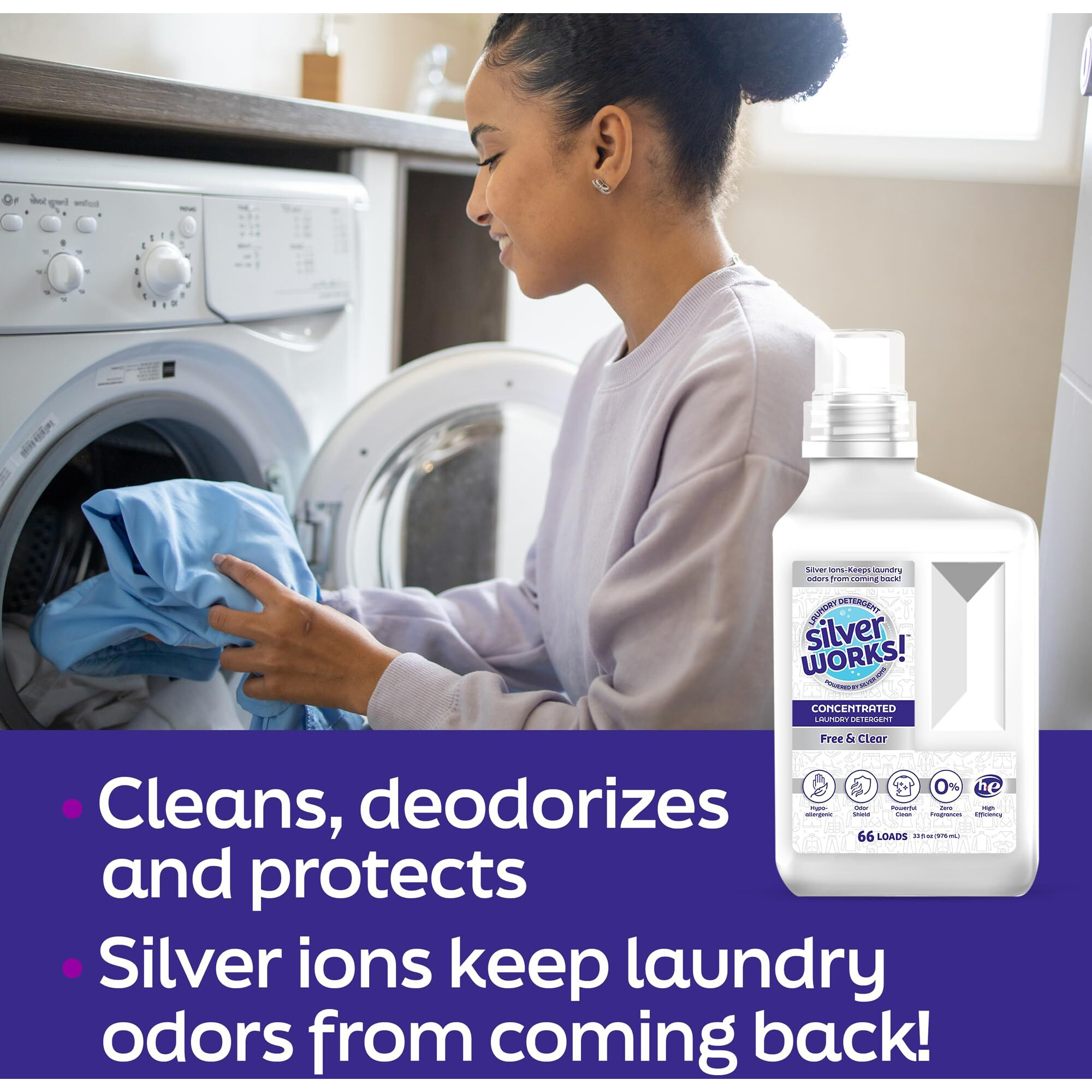 Silverworks Powerful Odor Eliminating Laundry Detergent Liquid  Silver Ion Technology  Laundry Odor Eliminator For Clothes  Cleans  Deodorizes & Protects  33 Fl Oz  66 Loads  Free & Clear  Pack Of 2