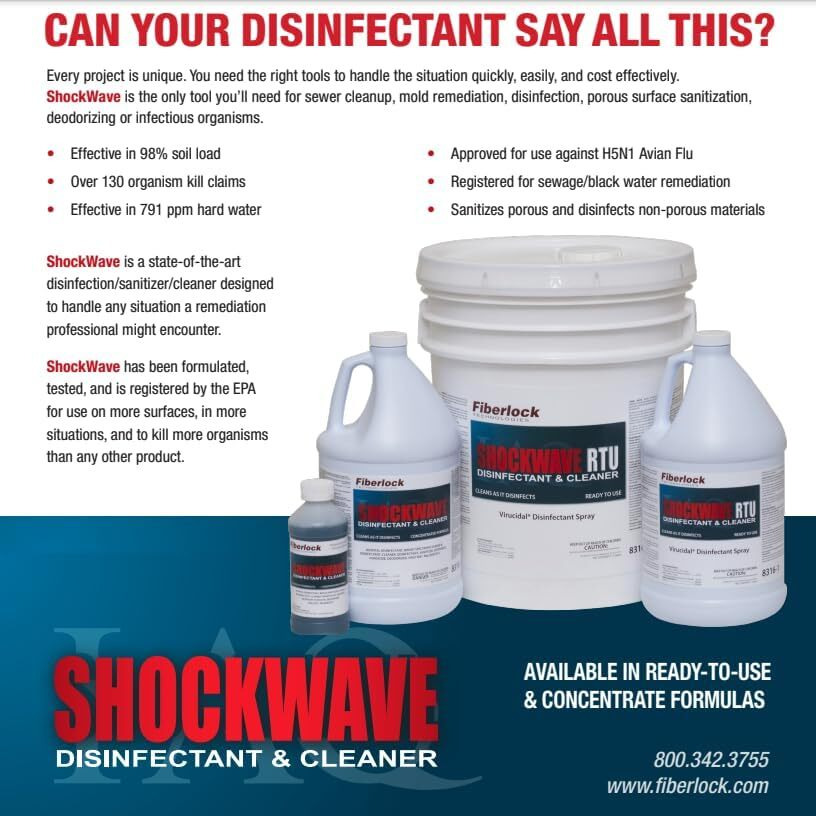 Fiberlock Shockwave Disinfectant Cleaner Concentrate  1 Gallon  Ideal For Water Restoration & Flood Mitigation  Hospital-Grade Disinfectant  High-Yield Formula
