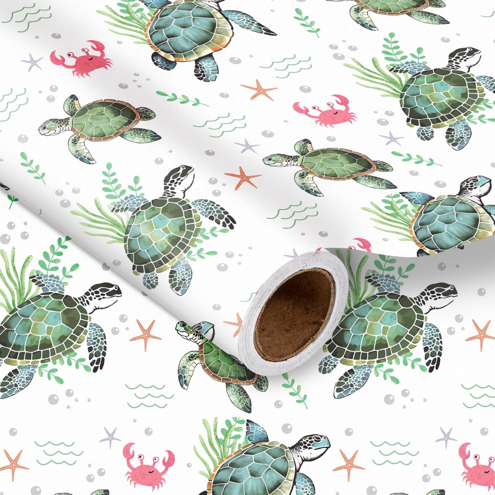 Lezakaa Ocean Sea Turtle Wrapping Paper Roll For Boys Girls Kids  Green Sea Turtle With Seaweed  Crabs  Starfish  Underwater Design For Birthday  Baby Shower Party  Mini Roll  17 Inches X 16.4 Feet