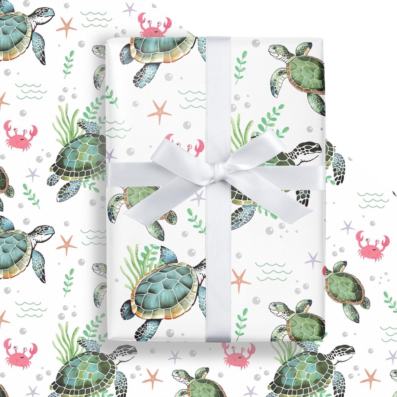 Lezakaa Ocean Sea Turtle Wrapping Paper Roll For Boys Girls Kids  Green Sea Turtle With Seaweed  Crabs  Starfish  Underwater Design For Birthday  Baby Shower Party  Mini Roll  17 Inches X 16.4 Feet