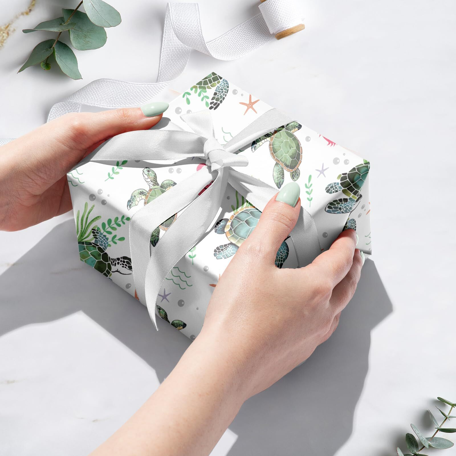 Lezakaa Ocean Sea Turtle Wrapping Paper Roll For Boys Girls Kids  Green Sea Turtle With Seaweed  Crabs  Starfish  Underwater Design For Birthday  Baby Shower Party  Mini Roll  17 Inches X 16.4 Feet