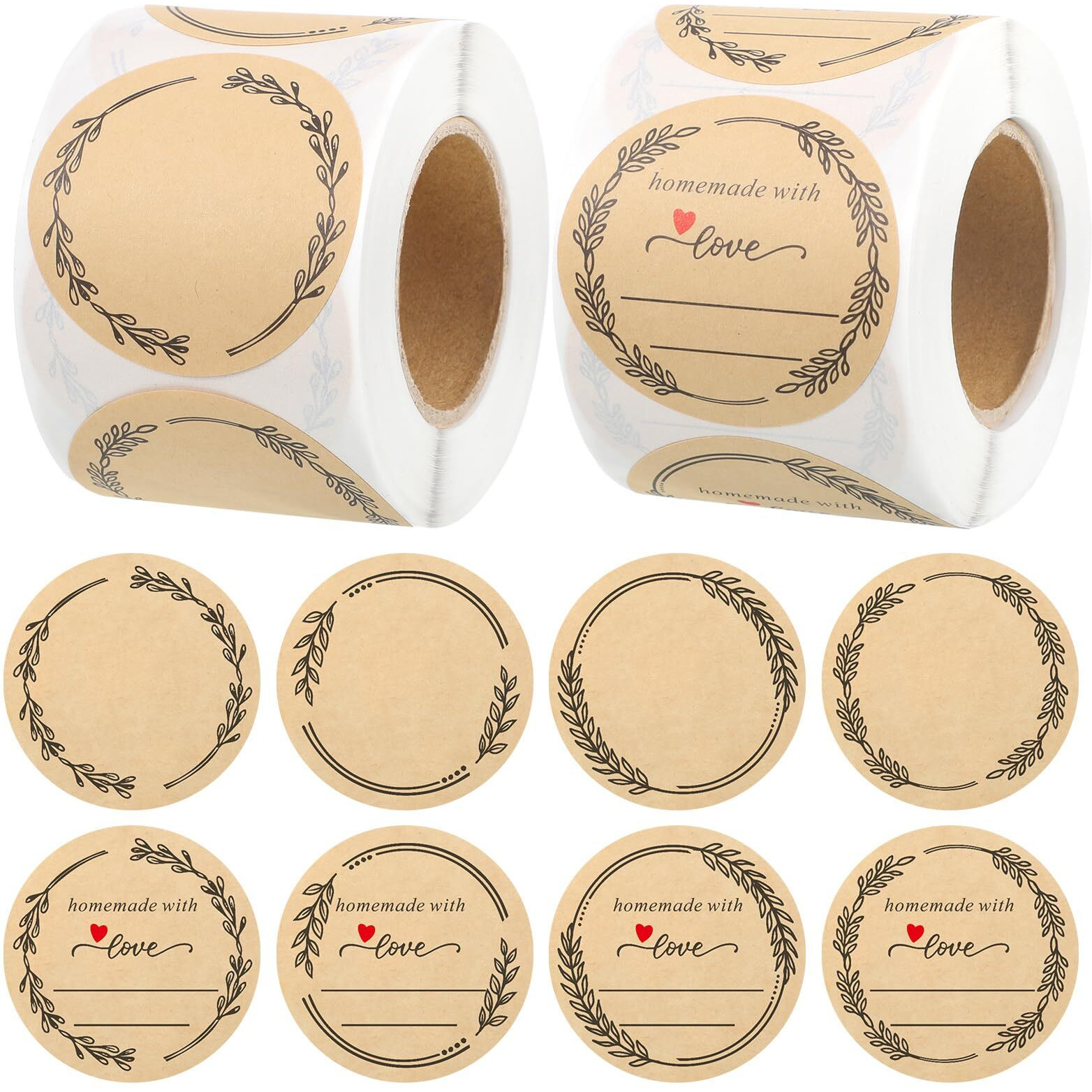 600 Pcs Canning Labels 2"" Label Stickers For Jars  8 Design Wreath Homemade With Love Stickers  Round Kraft Sticker Labels For Food Containers Lids Bottle Labels