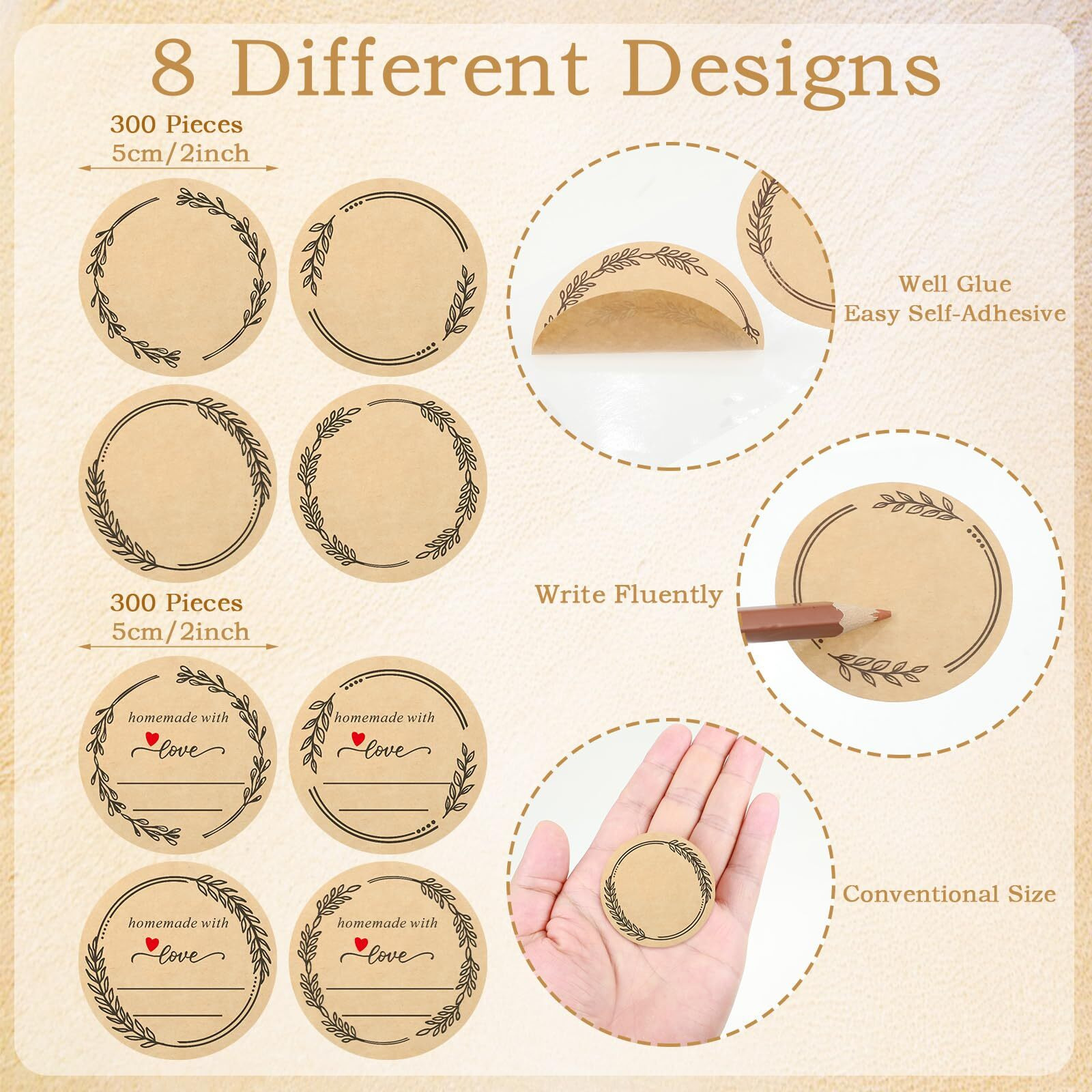 600 Pcs Canning Labels 2"" Label Stickers For Jars  8 Design Wreath Homemade With Love Stickers  Round Kraft Sticker Labels For Food Containers Lids Bottle Labels