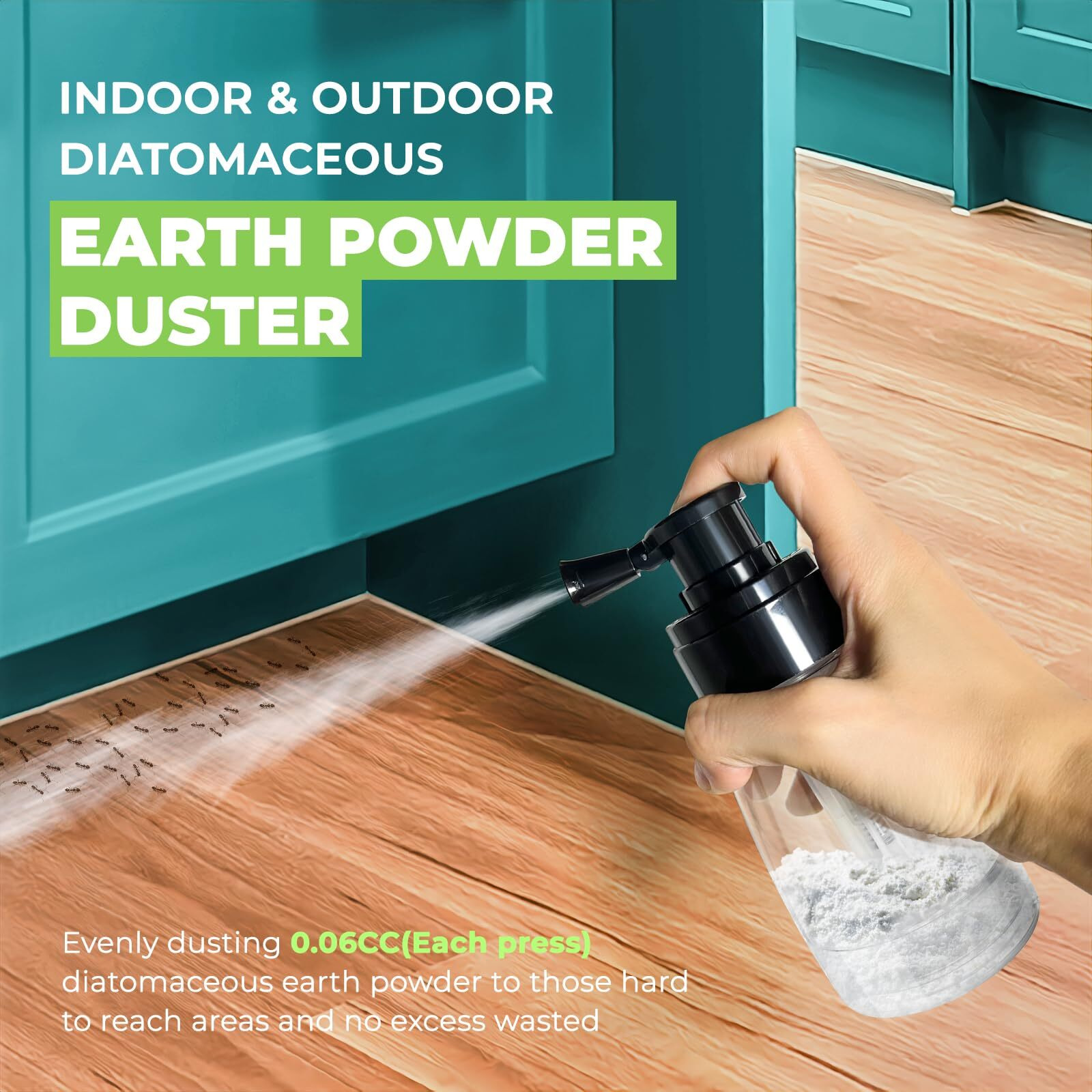 Diatomaceous Earth Duster. 6Oz Garden Power Dispersal For Indoor/Outdoor - Patent Design - Adjustable Sprayer Angel & Transparent Body