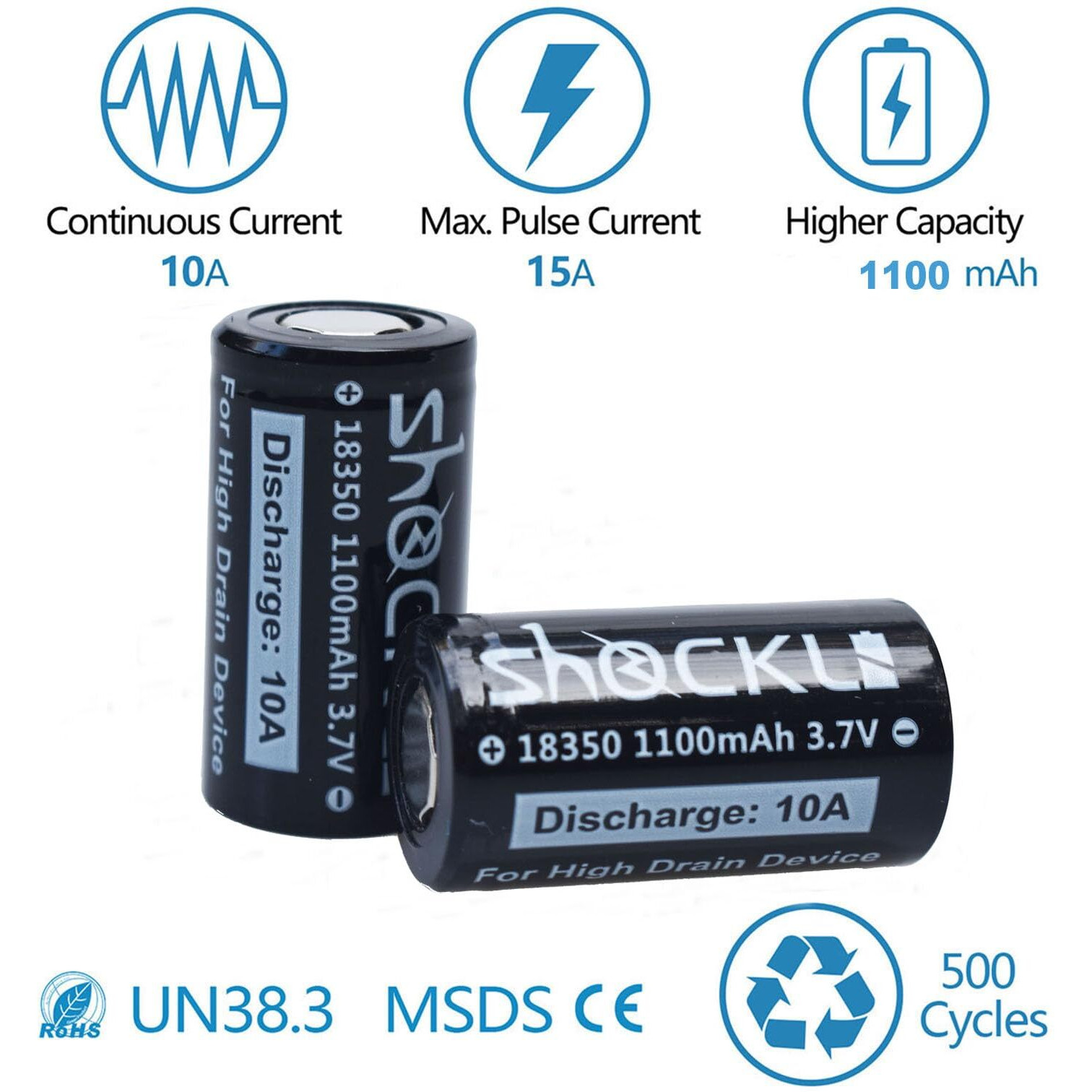Funkawa 18350 1100Mah Flat Top Battery (2-Pack) With Usb Battery Charger  Shockli 18350 10A Discharge High Drain 3.7V Rechargeable Batteries