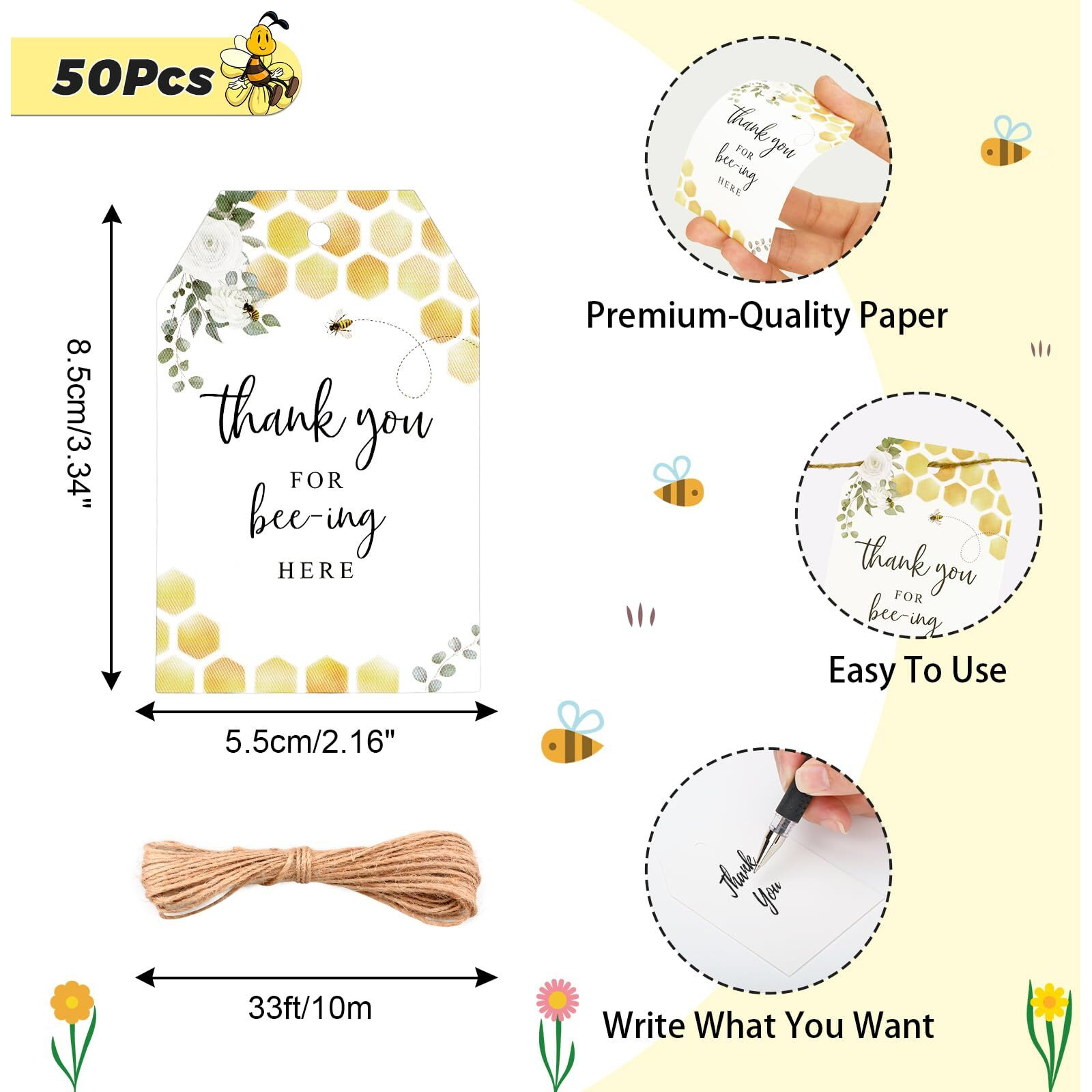 Anwyll Bee Thank You Tags 50Pcs Bee Thank You Gift Tags With String Thank You For Bee-Ing Here Tags Sweet Honey Thank You Hang Paper Gift Tags For Bee Theme 1St Birthday Baby Bridal Shower Party Favor