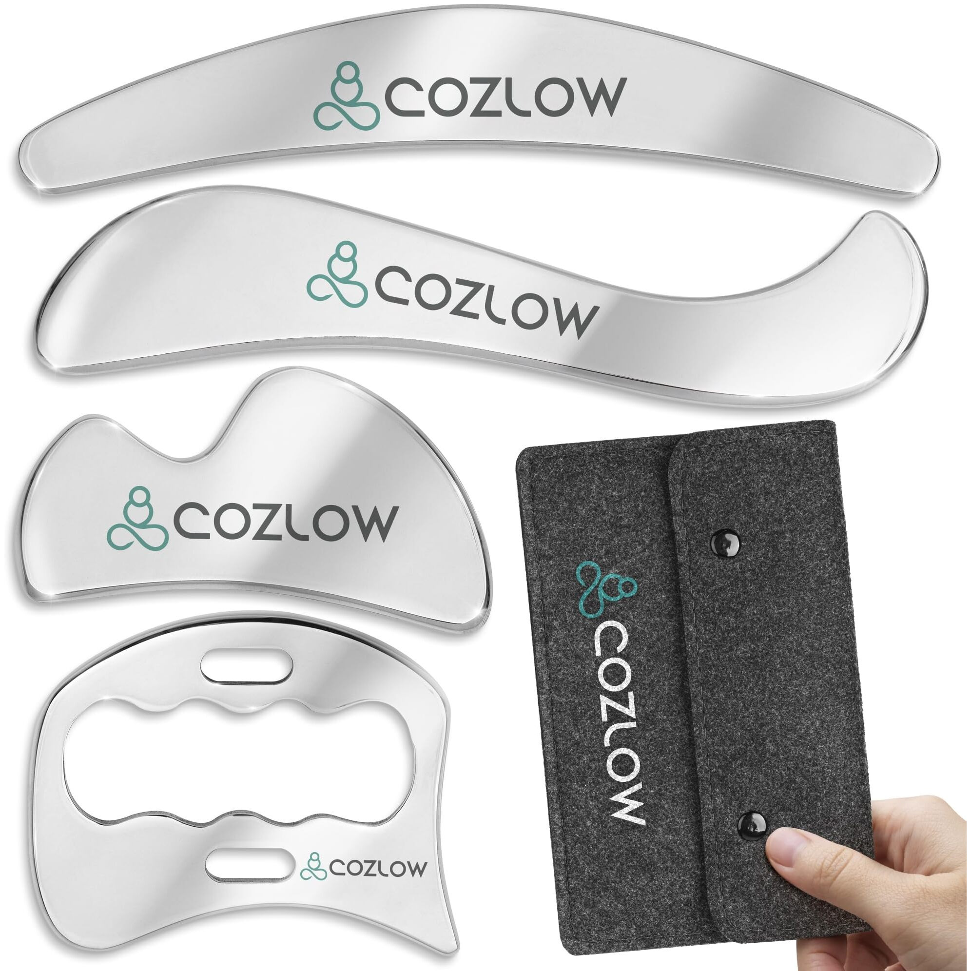 Cozlow 4-In-1 Muscle Scraper Tool Set - Skin Scraping Massage Tools For Iastm Therapy - Deep Tissue Gua Sha For Soft Tissue Mobilization  Fascia & Myofascial Release - Stainless Steel Metal Blades