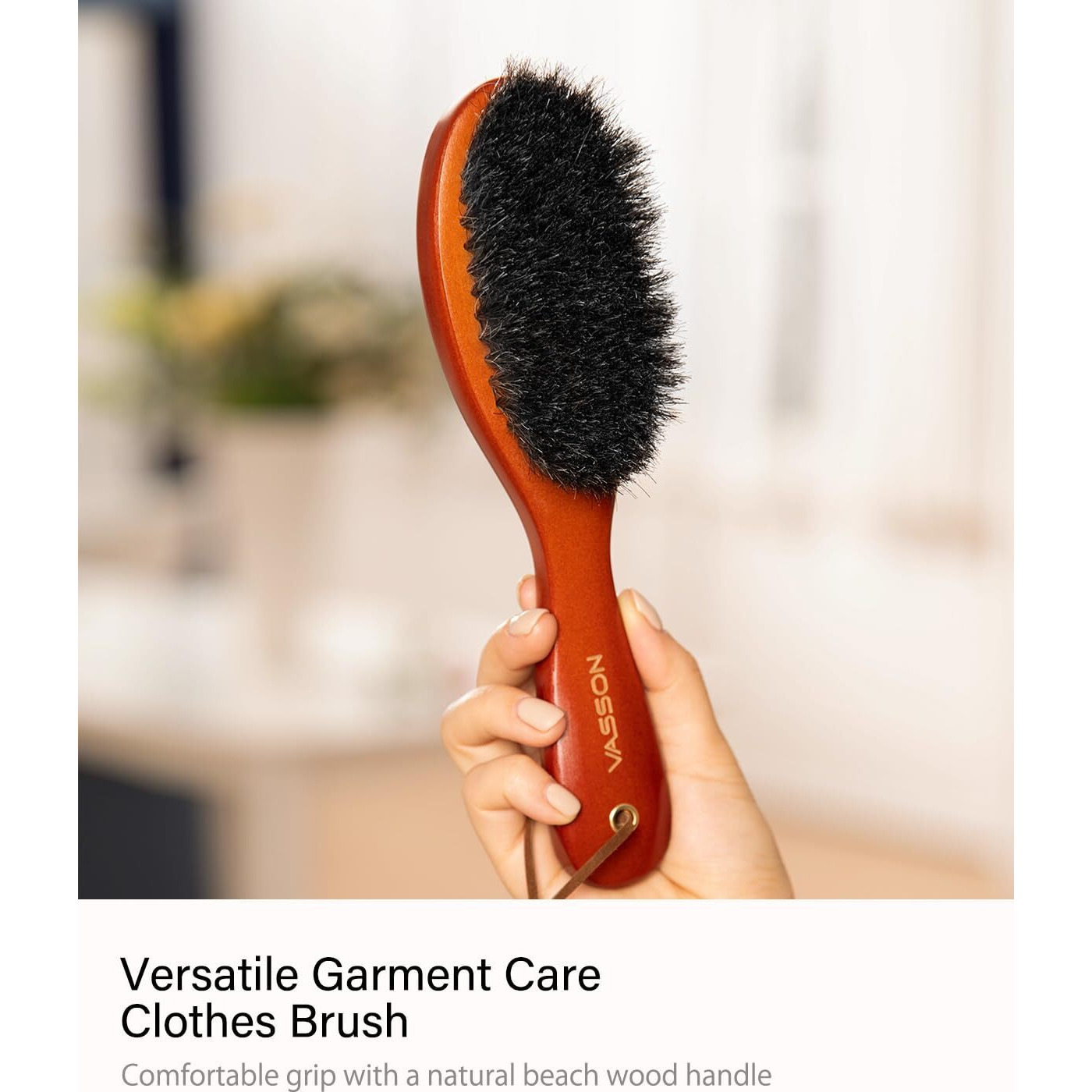 Vasson Clothes Brush  Pure Horse Bristle Garment Brush Removes Lint  Pet Hair  And Debris From Jackets  Hats  Hoods  Couch - Solid Beech Wood Handle