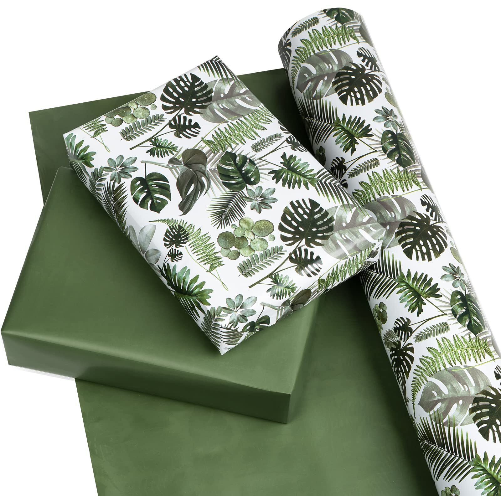 Wrapaholic Reversible Tropical Wrapping Paper - Mini Roll - 17 Inch X 33 Feet - Green Monstera Leaf Hawaii Wrapping Paper For Birthday  Wedding  Bridal Shower  Baby Shower