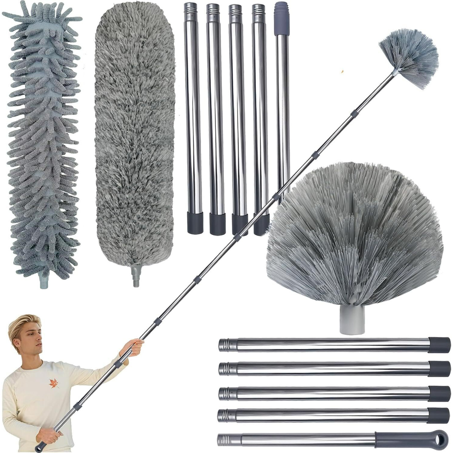 20+ Feet High Reach Duster Kit With 3-14 Ft Extension Pole For Cleaning Fan  Spider Web  High Ceiling  Blinds  Furniture  Cars - Cobweb Microfiber Duster // Outdoor & Indoor Extendable Duster